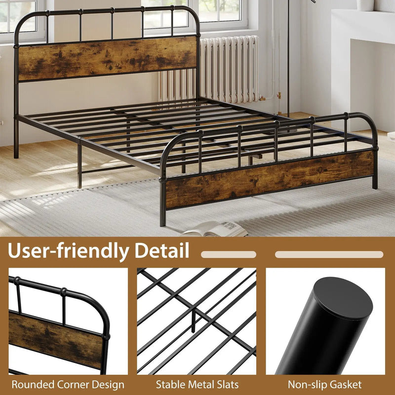 Queen Size Industrial Metal Platform Bed Frame Headboard Mattress Foundation by DirectDeals