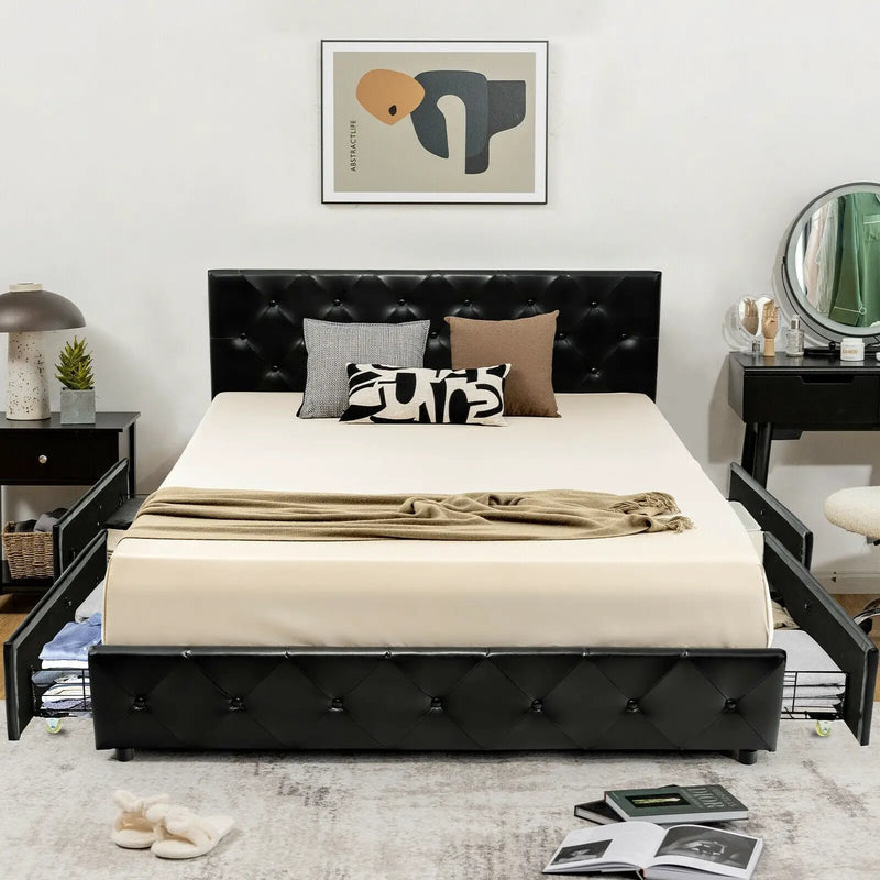 Full/Queen PU Leather Upholstered Platform Bed with 4 Drawers by DirectDeals