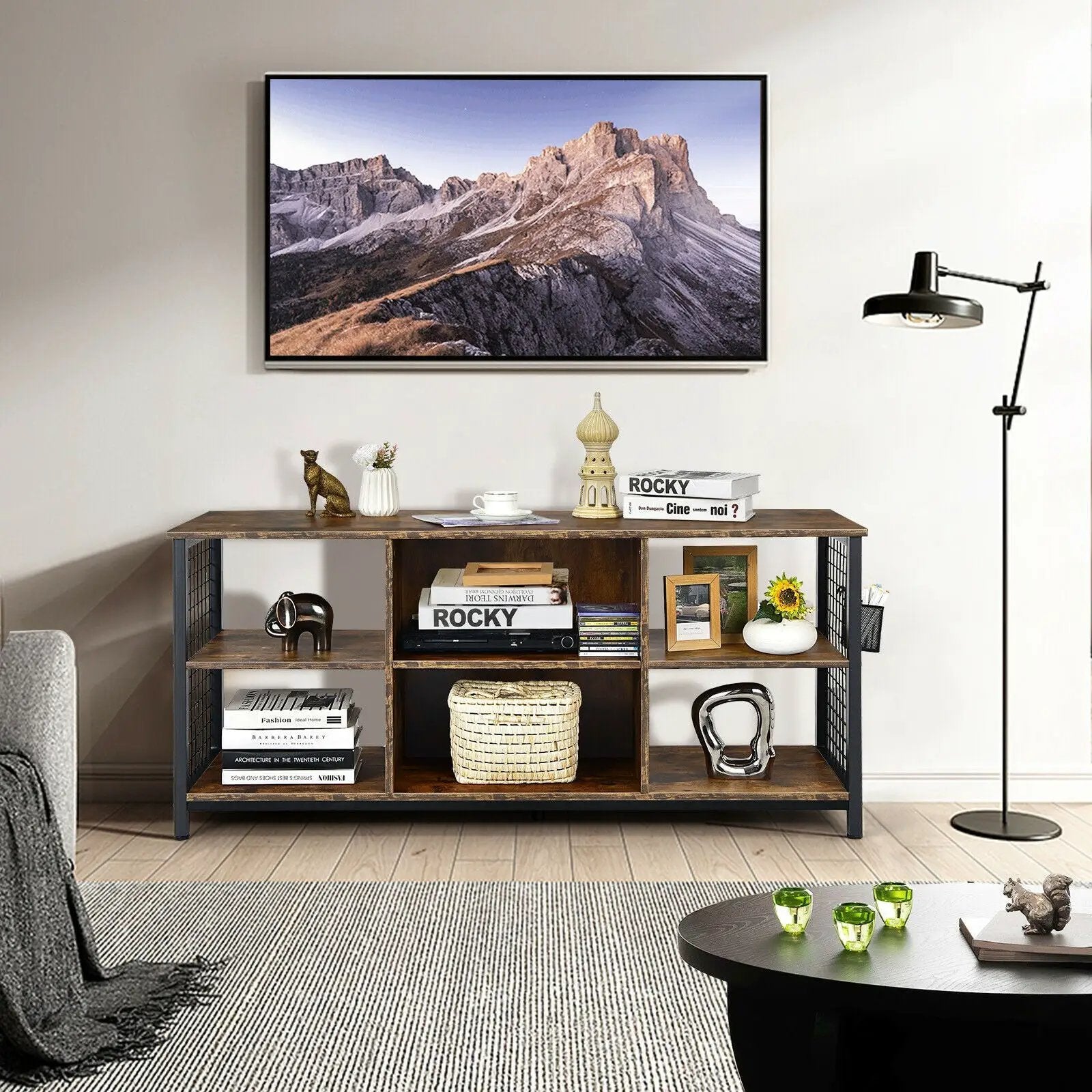 Mid-Century Wooden TV Stand with Storage Basket for TVs up to 65 Inch-Rustic Brown by DirectDeals