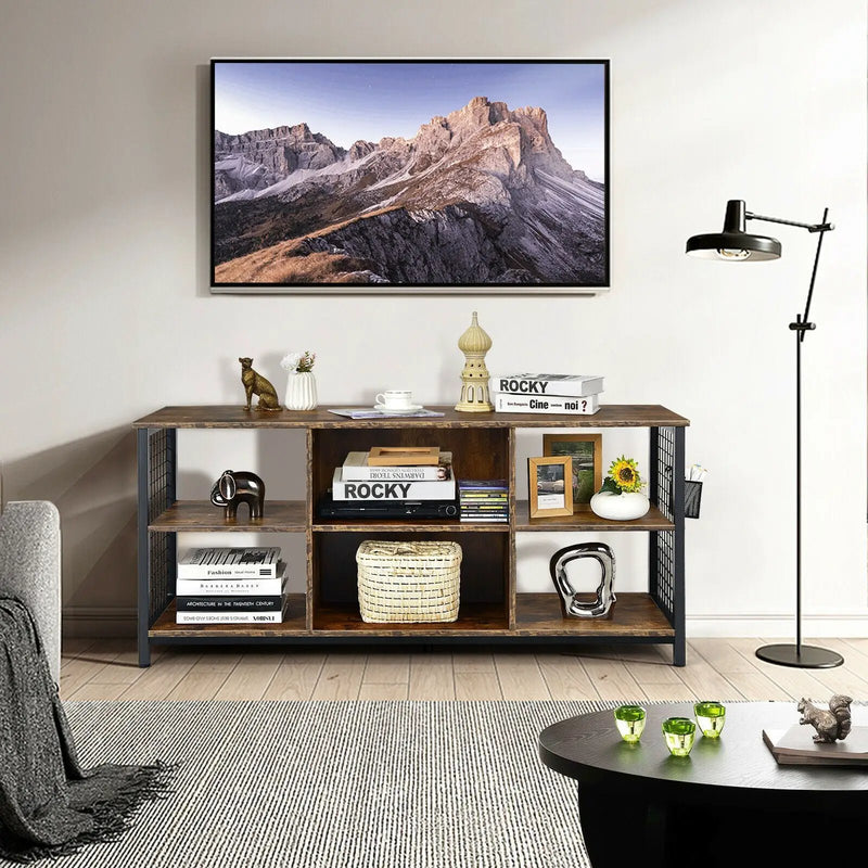 Mid-Century Wooden TV Stand with Storage Basket for TVs up to 65 Inch-Rustic Brown by DirectDeals