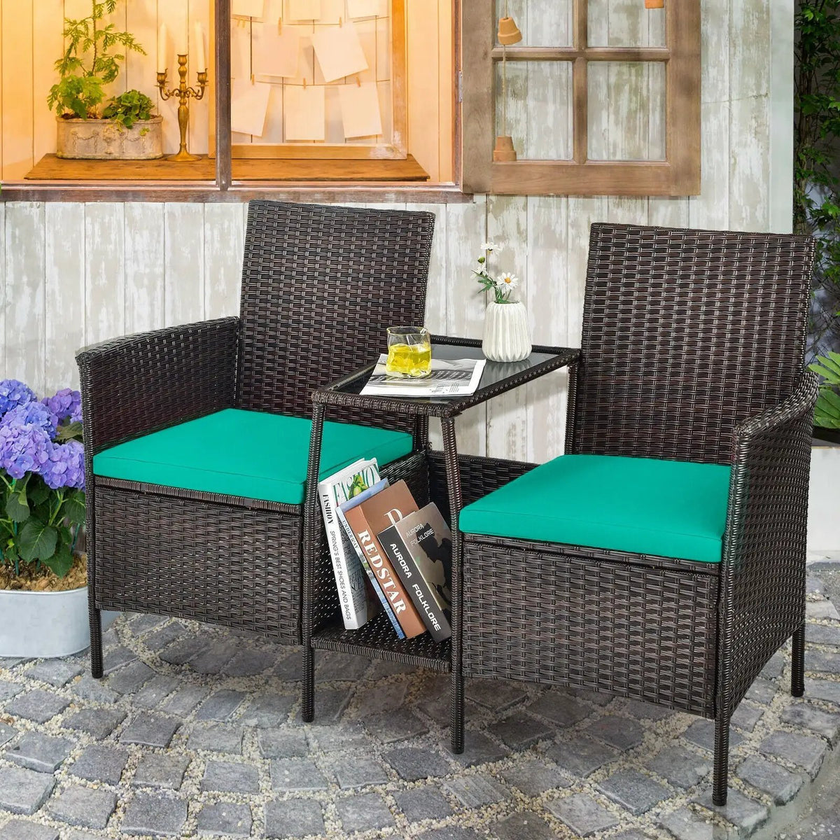 Patio Rattan Wicker Conversation Set Sofa Cushioned Loveseat Glass Table by DirectDeals