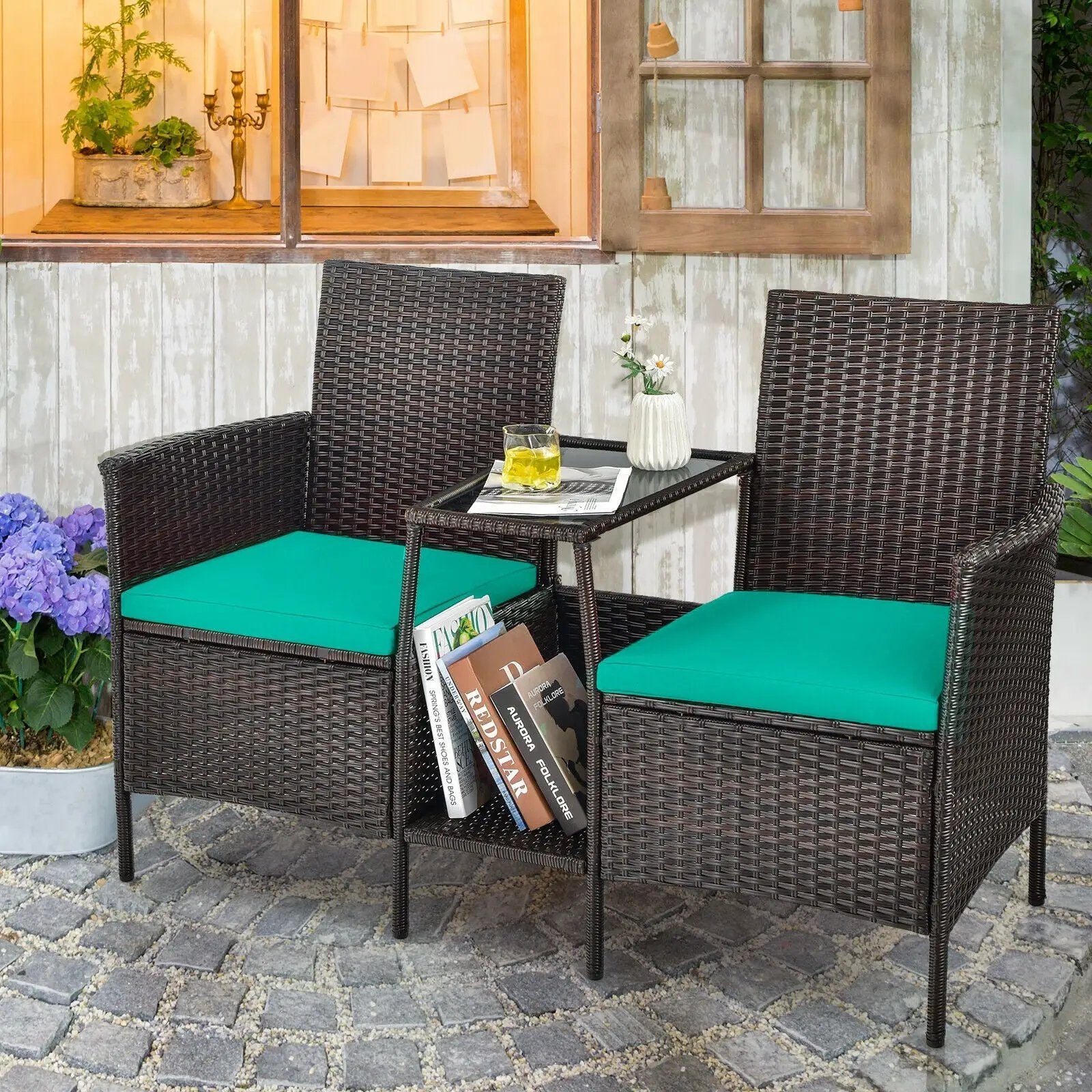 Patio Rattan Wicker Conversation Set Sofa Cushioned Loveseat Glass Table by DirectDeals
