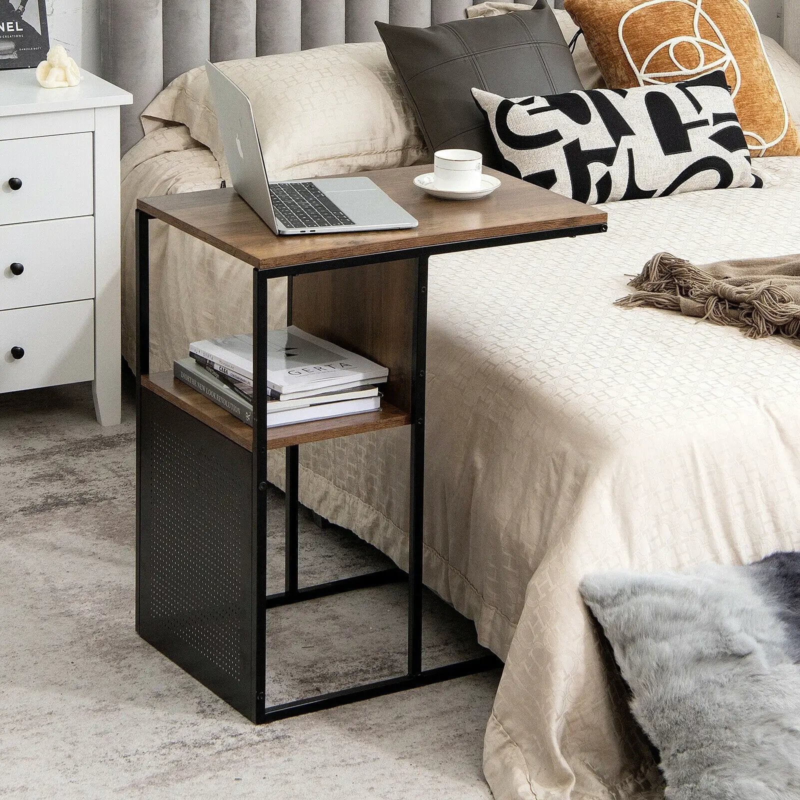 2-Tier C-Shaped Reversible End Table with Wooden Shelf for Living Room-Brown by DirectDeals