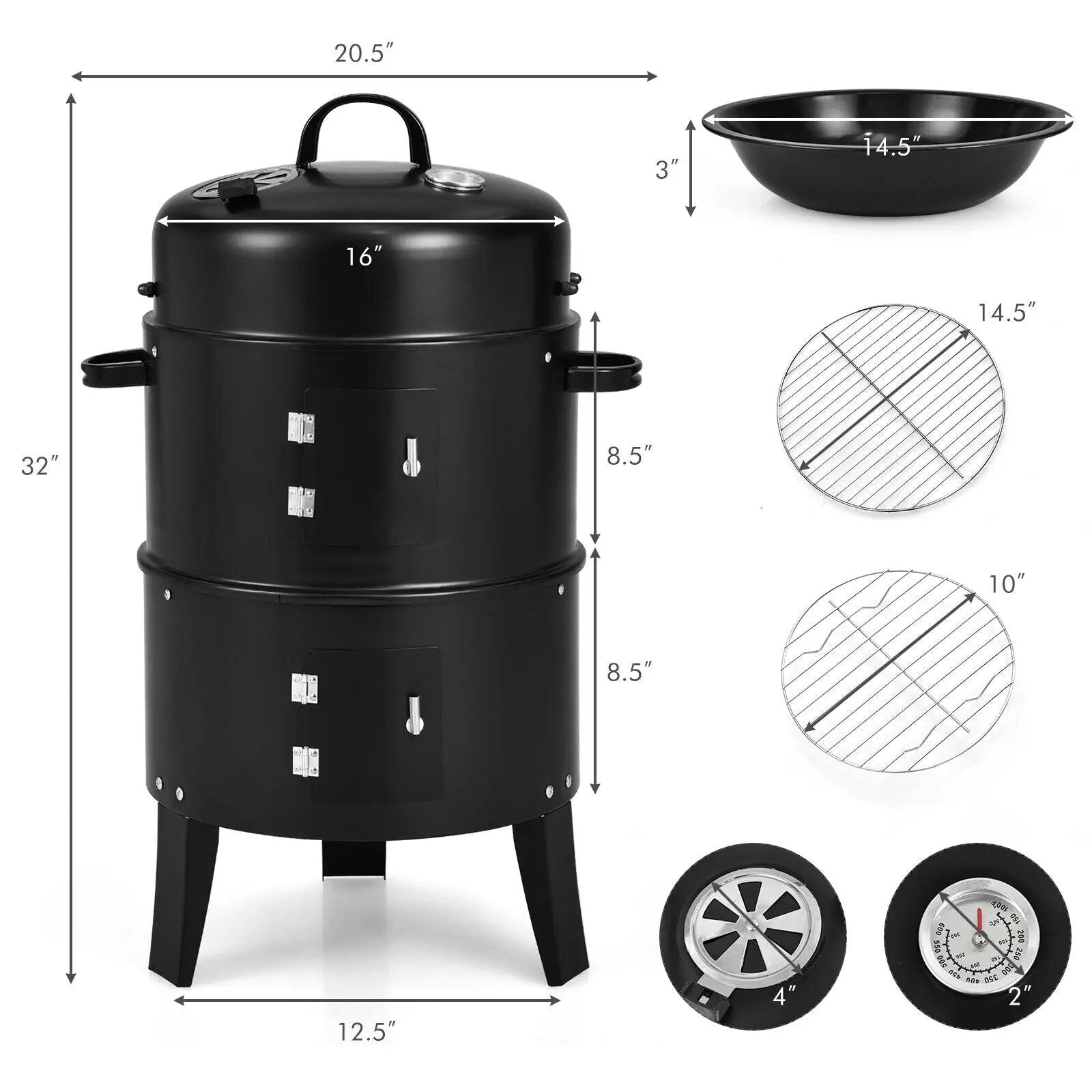 3-in-1 Charcoal BBQ Grill Cambo with Built-in Thermometer by DirectDeals
