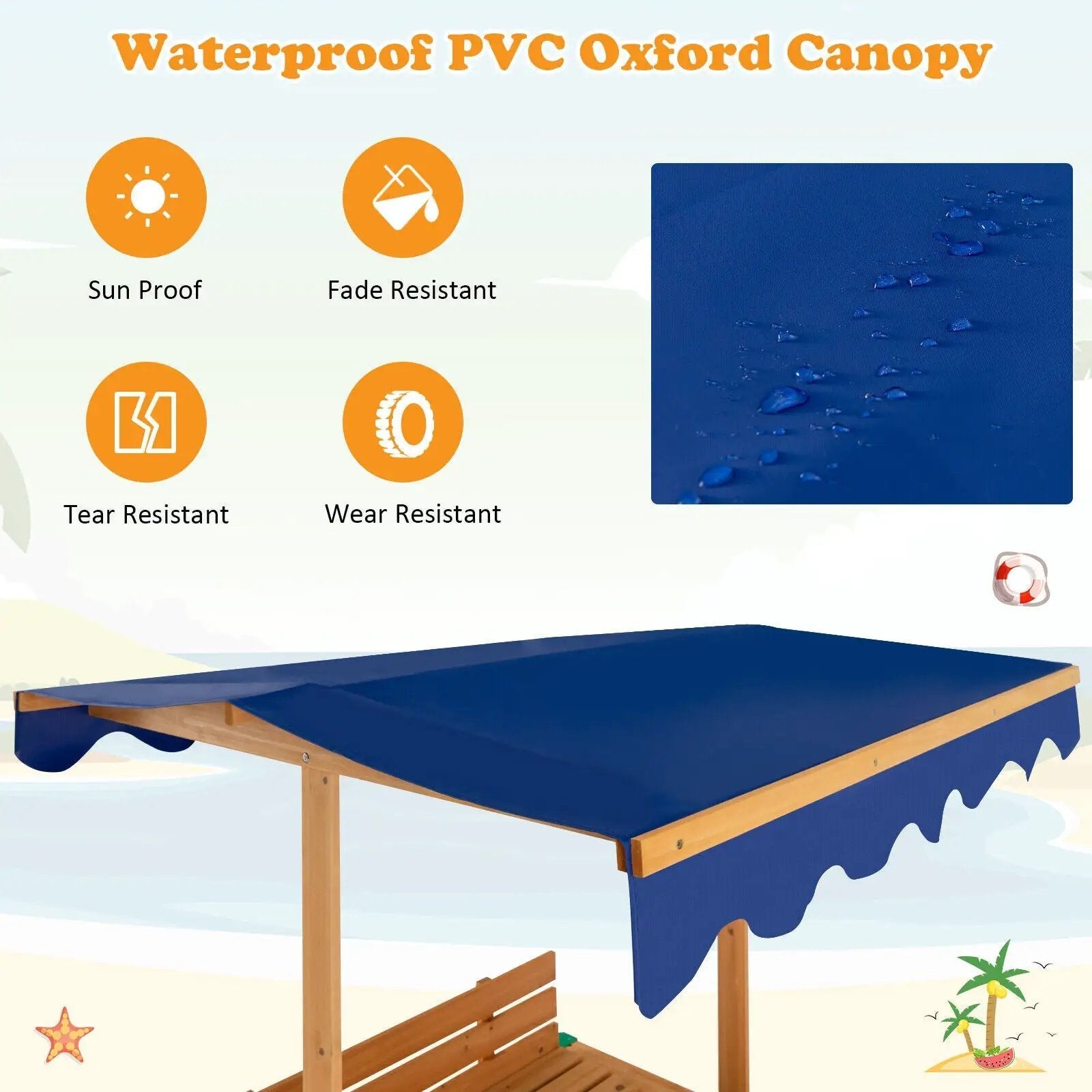Kids Wooden Sandbox with Canopy and 2 Bench Seats by DirectDeals