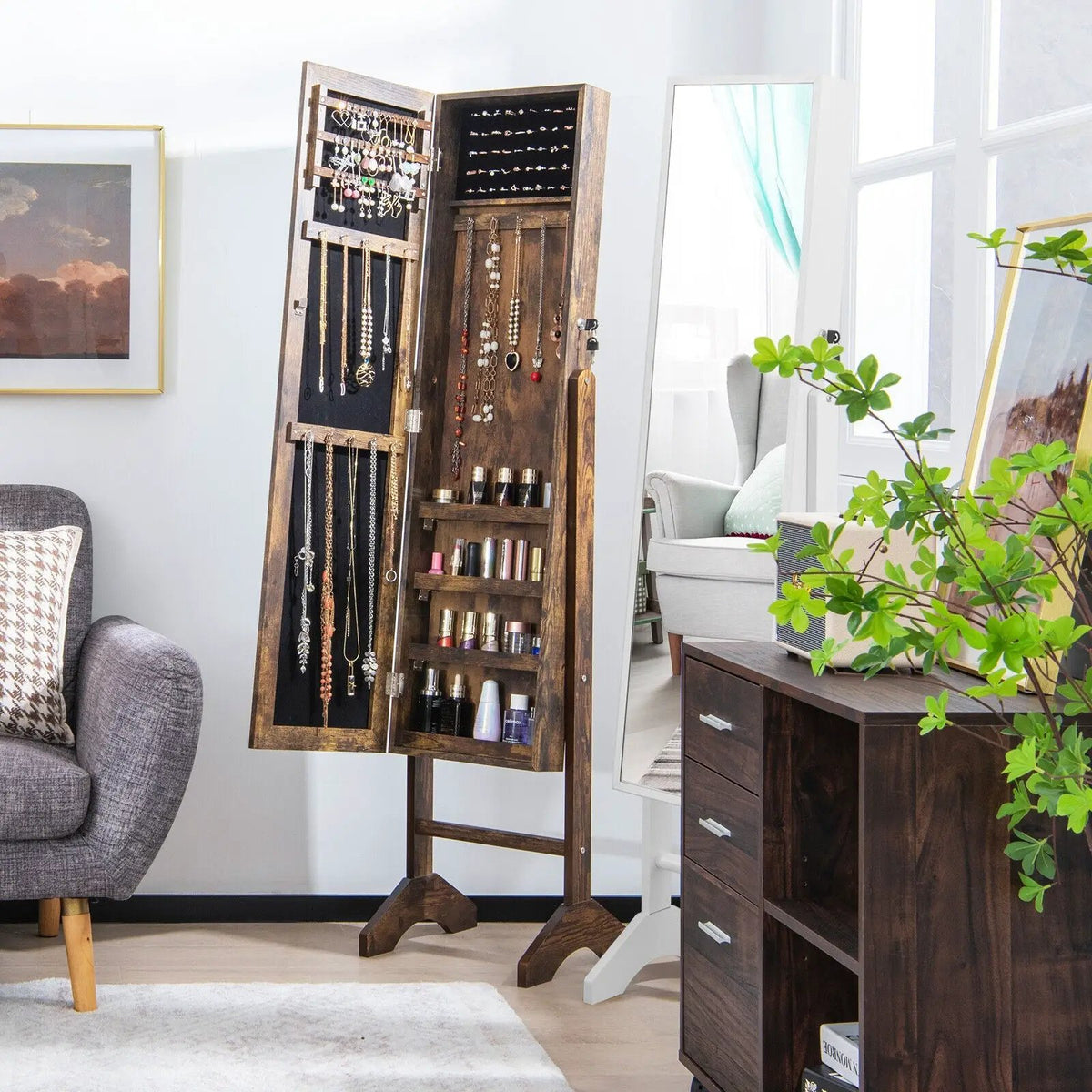 Free-Standing Jewelry Cabinet with Full-Length Mirror and Lockable Door by DirectDeals