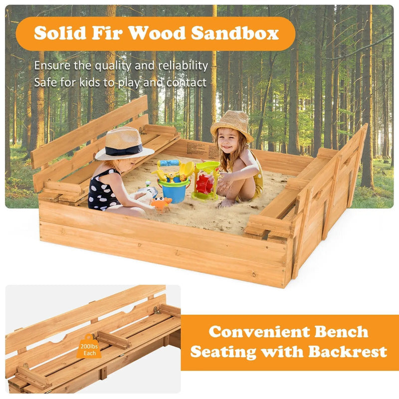 Kids Wooden Sandbox with 2 Foldable Bench Seats by DirectDeals