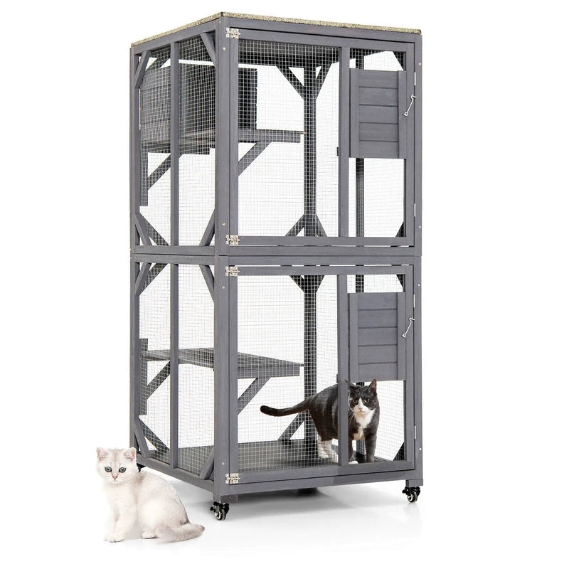 Outdoor Cat House Enclosures on Wheels Kitten Cages with Resting Box-Gray by DirectDeals
