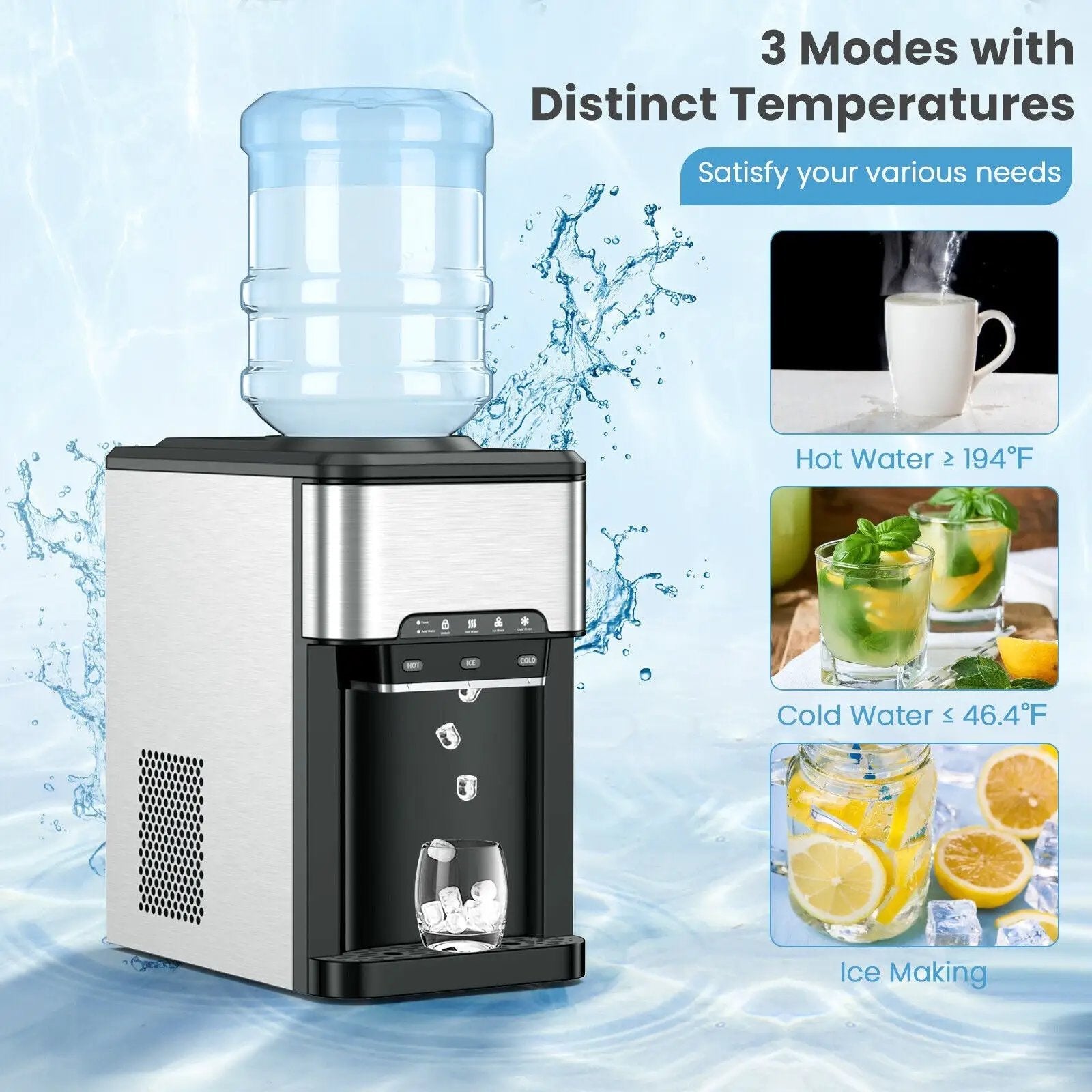 Water Cooler Dispenser 3-in-1 with Built-in Ice Maker and 3 Temperature Settings-Silver by DirectDeals