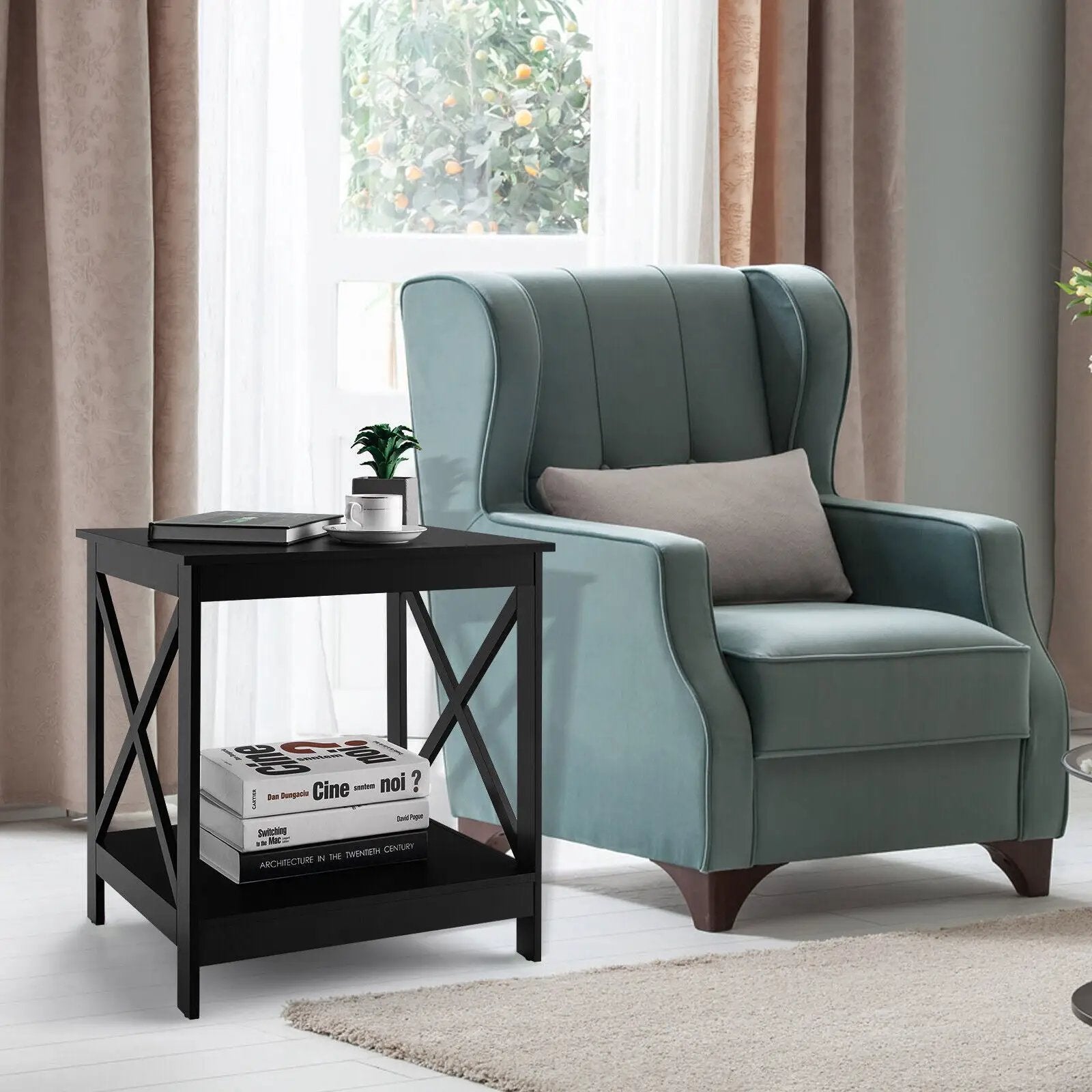 2-Tier Side Table with X-shape Design and 4 Solid Legs by DirectDeals