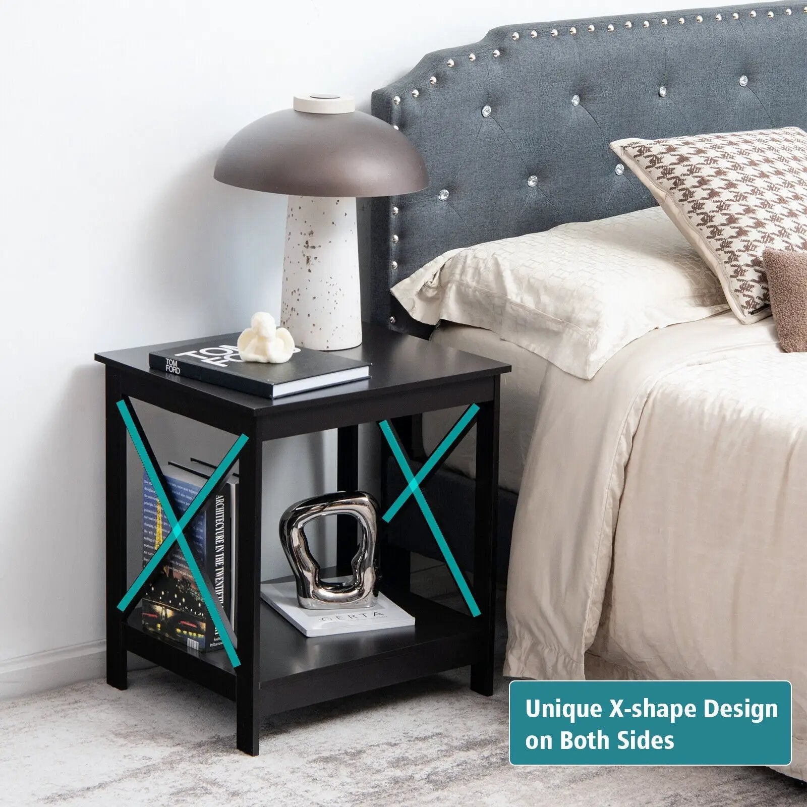 2-Tier Side Table with X-shape Design and 4 Solid Legs by DirectDeals