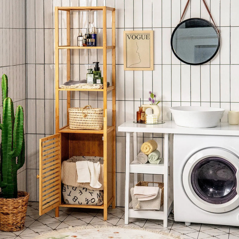 4 Tiers Slim Bamboo Floor Storage Cabinet with Shutter Door and Anti-Toppling Device-Natural by DirectDeals