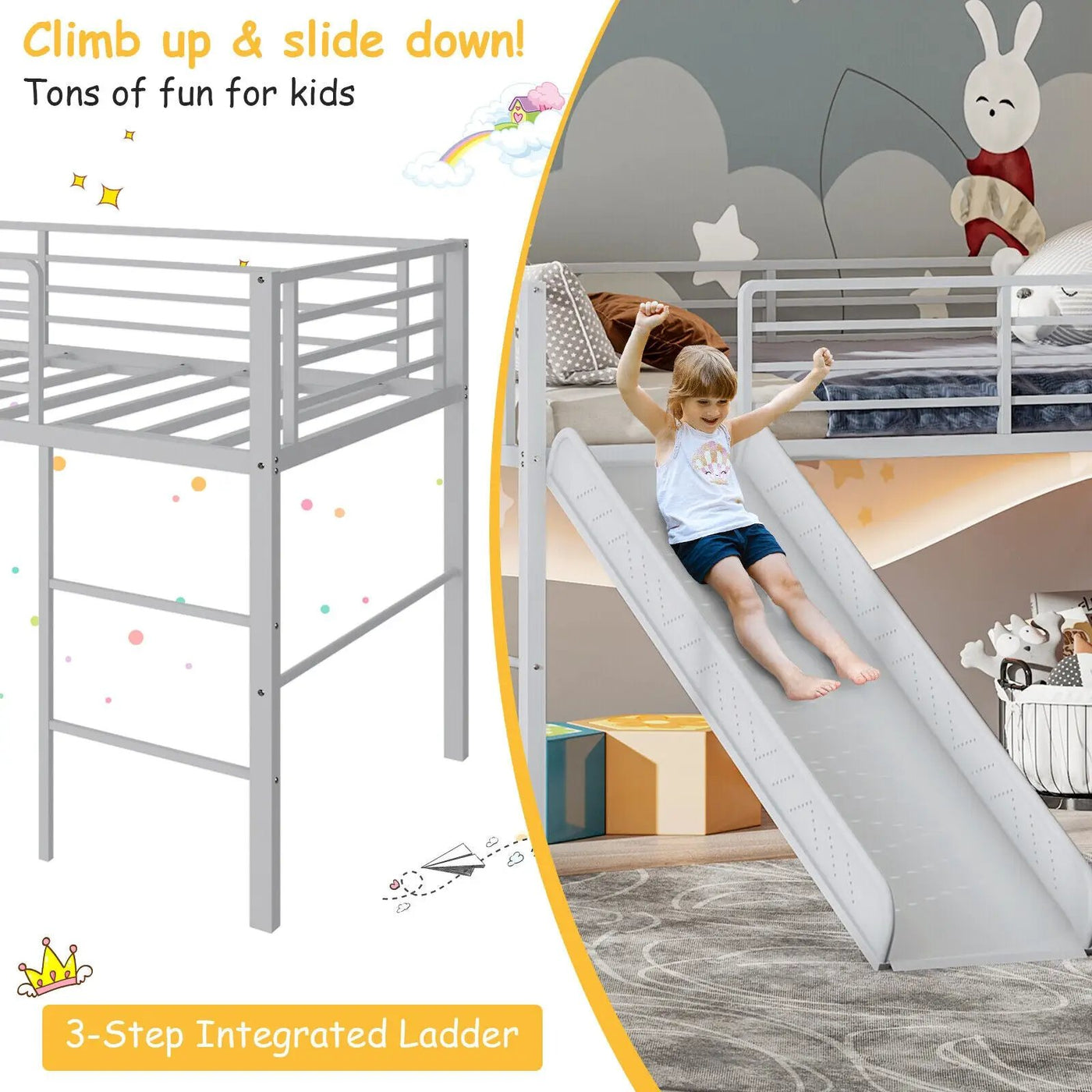 Twin Metal Loft Bed with Slide Safety Guardrails and Built-in Ladder by DirectDeals