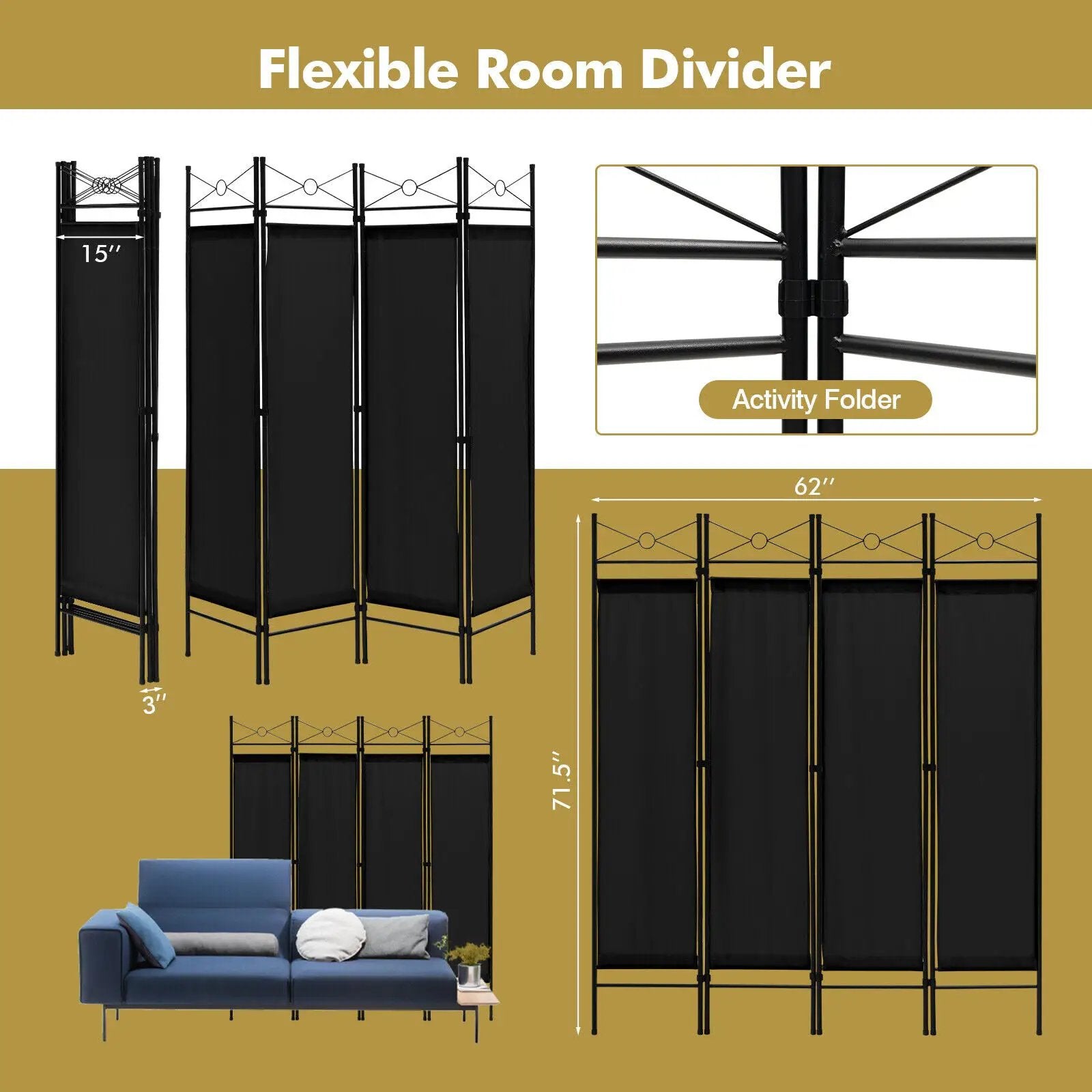 6 Feet 4-Panel Folding Freestanding Room Divider by DirectDeals