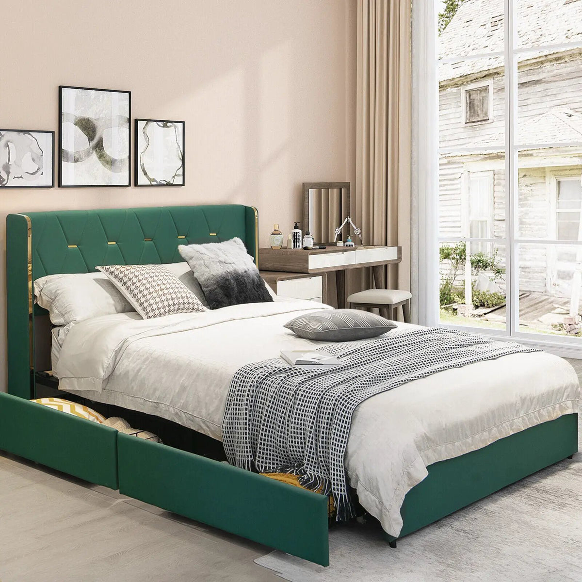 Full/Queen Size Upholstered Bed Frame with 4 Drawers-Green by DirectDeals