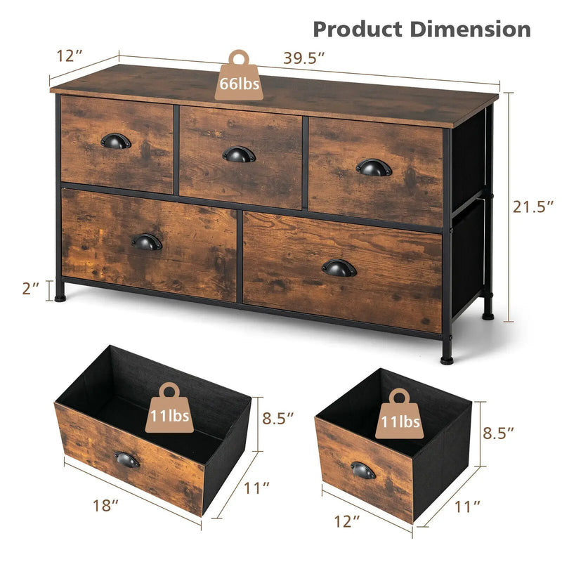 Dresser Organizer with 5 Drawers and Wooden Top-Rustic Brown by DirectDeals