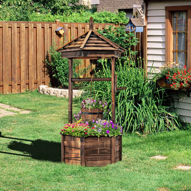 Rustic Wooden Wishing Well with Adjustable Hanging Bucket-Brown by DirectDeals
