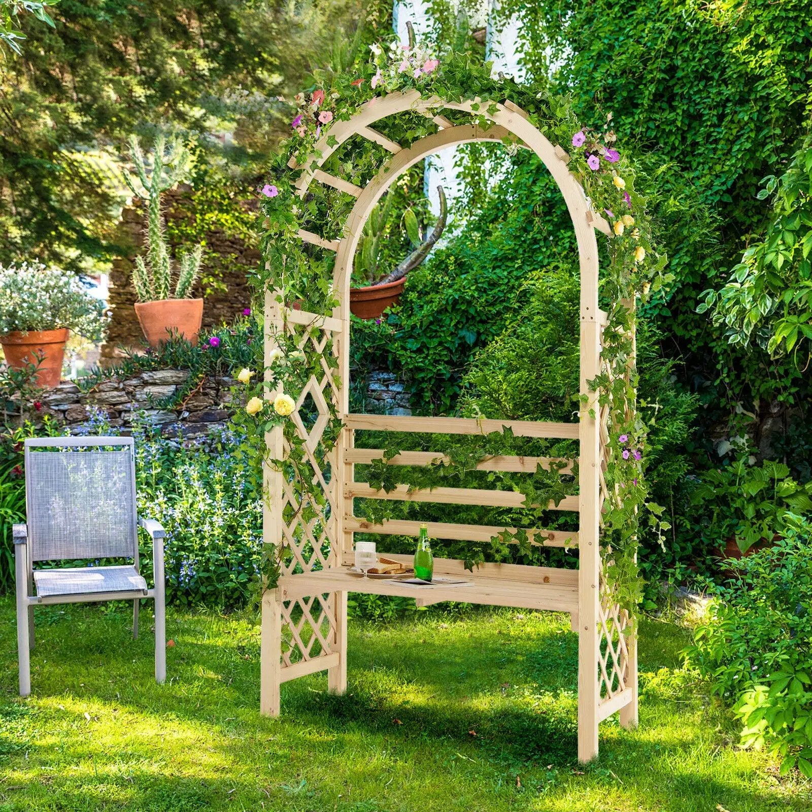 Wooden Garden Bench Arch Pergola Outdoor Arbor by DirectDeals