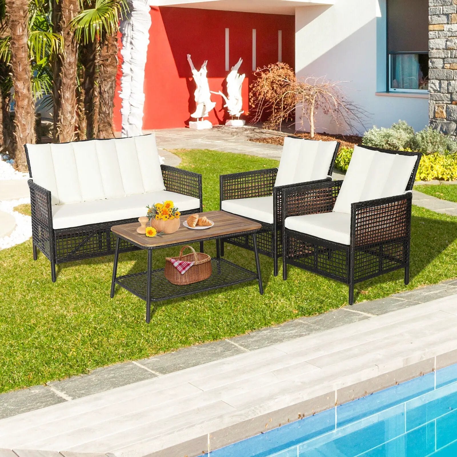 4 Pieces Patio Rattan Furniture Set with 2-Tier Coffee Table-White by DirectDeals