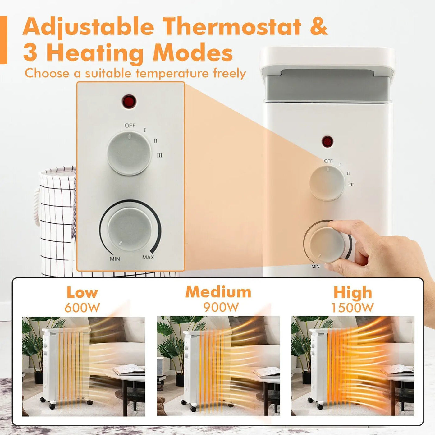 1500W Portable Oil Filled Radiator Heater with 3 Heat Settings by DirectDeals