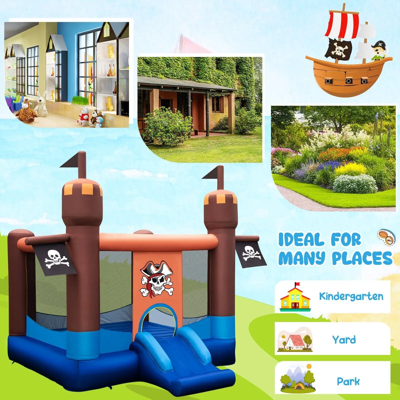 Pirate-Themed Inflatable Bounce Castle with Large Jumping Area and 735W Blower by DirectDeals