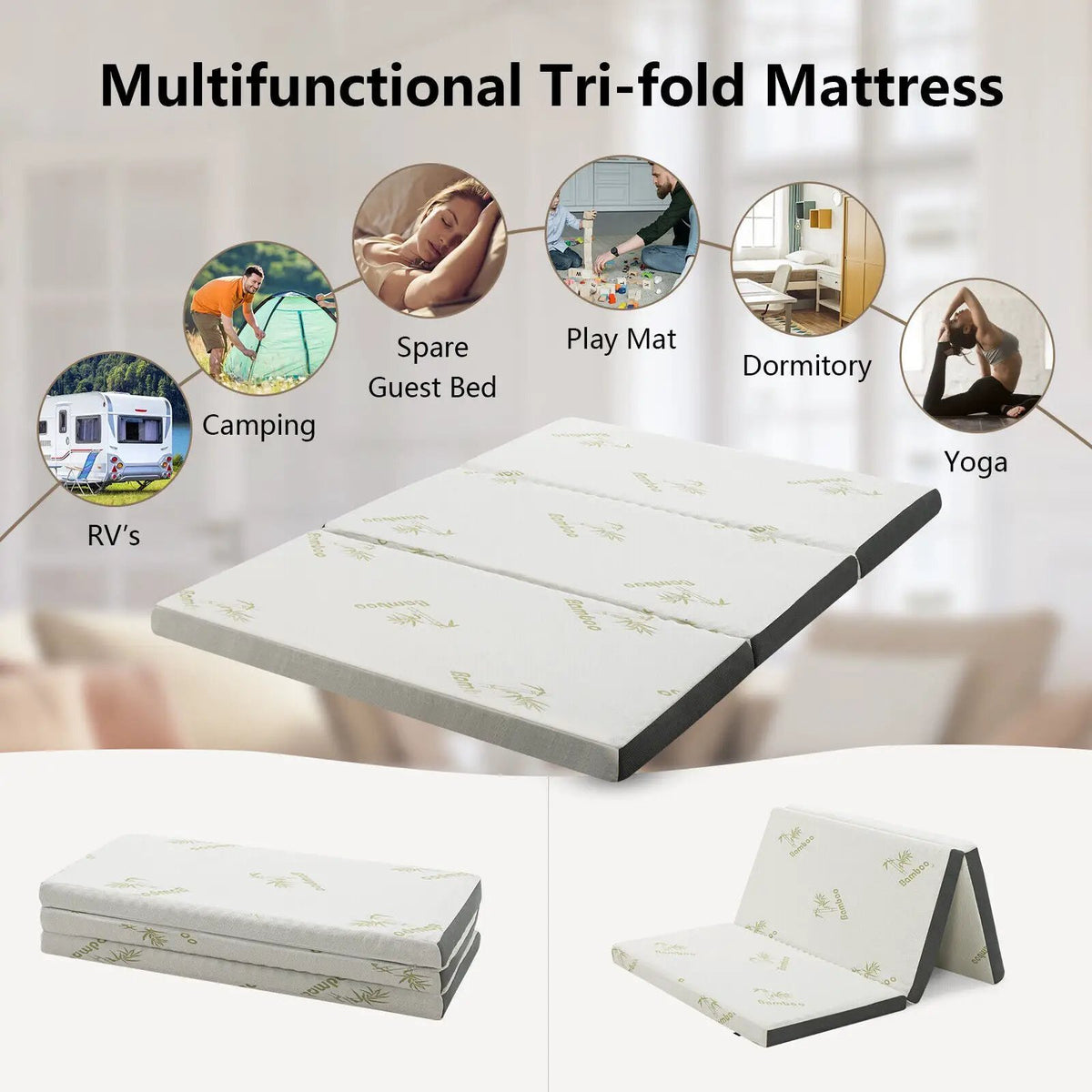 Portable Tri-fold Memory Foam Floor Mattress Topper Portable with Carrying Bag by DirectDeals