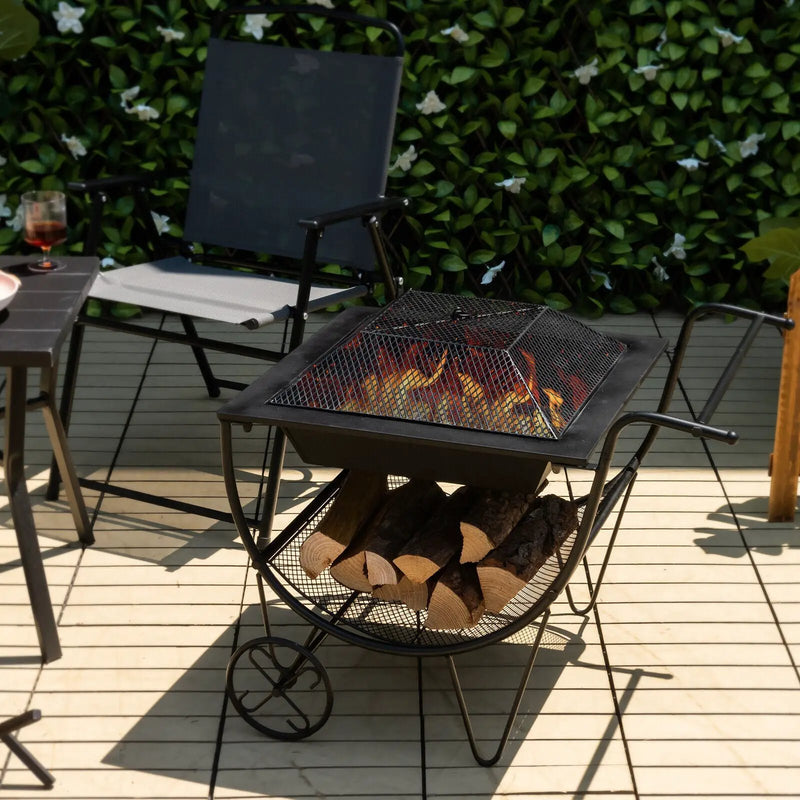 Outdoor Wood Burning Fire Pit with Log Storage Rack and Wheels by DirectDeals