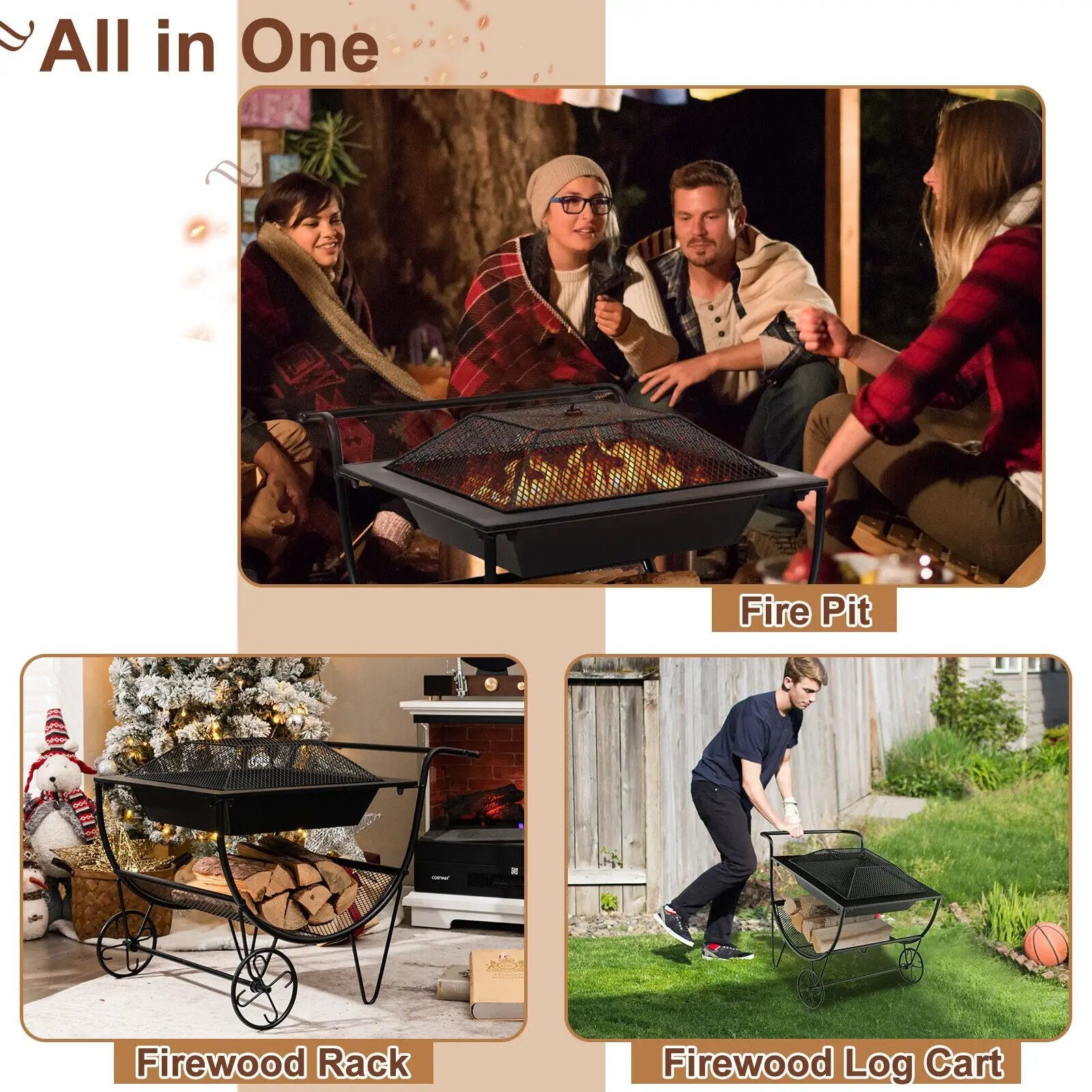 Outdoor Wood Burning Fire Pit with Log Storage Rack and Wheels by DirectDeals