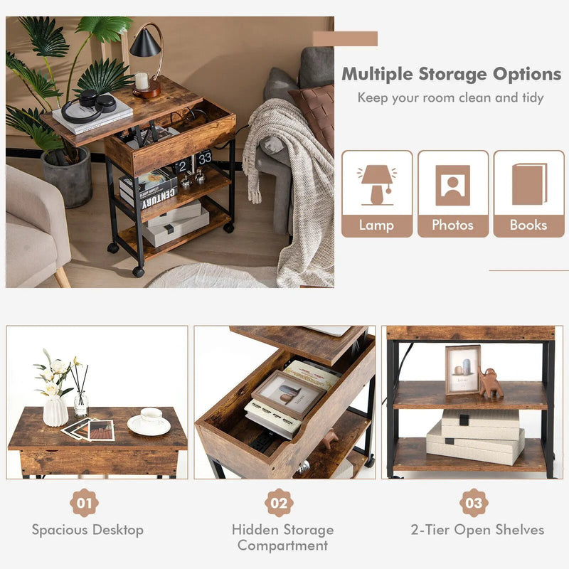 Lift Top End Table with Charging Station and Universal Wheels-Rustic Brown by DirectDeals
