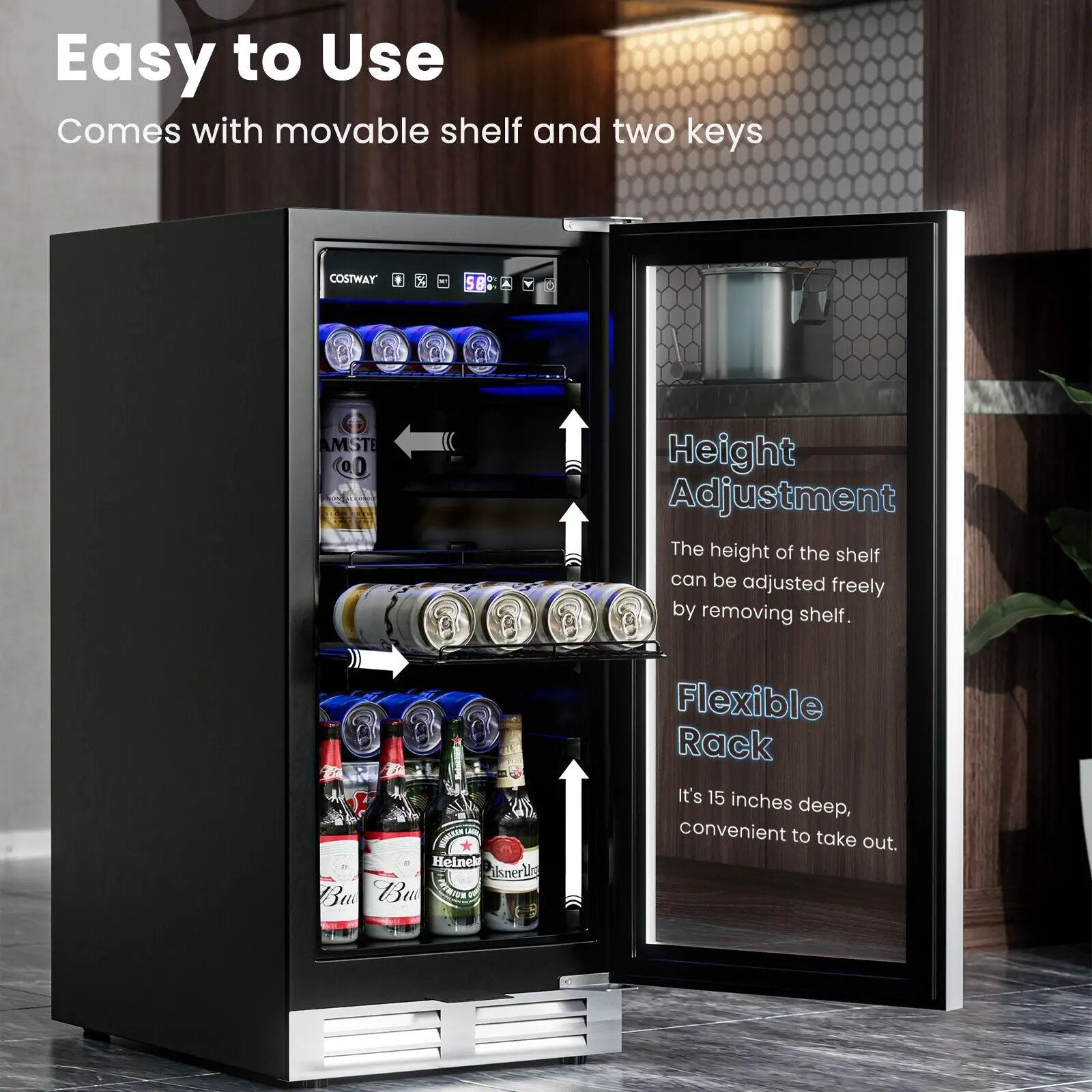 15 Inch 100 Can Built-in Freestanding Beverage Cooler Refrigerator with Adjustable Temperature and Shelf-Silver by DirectDeals