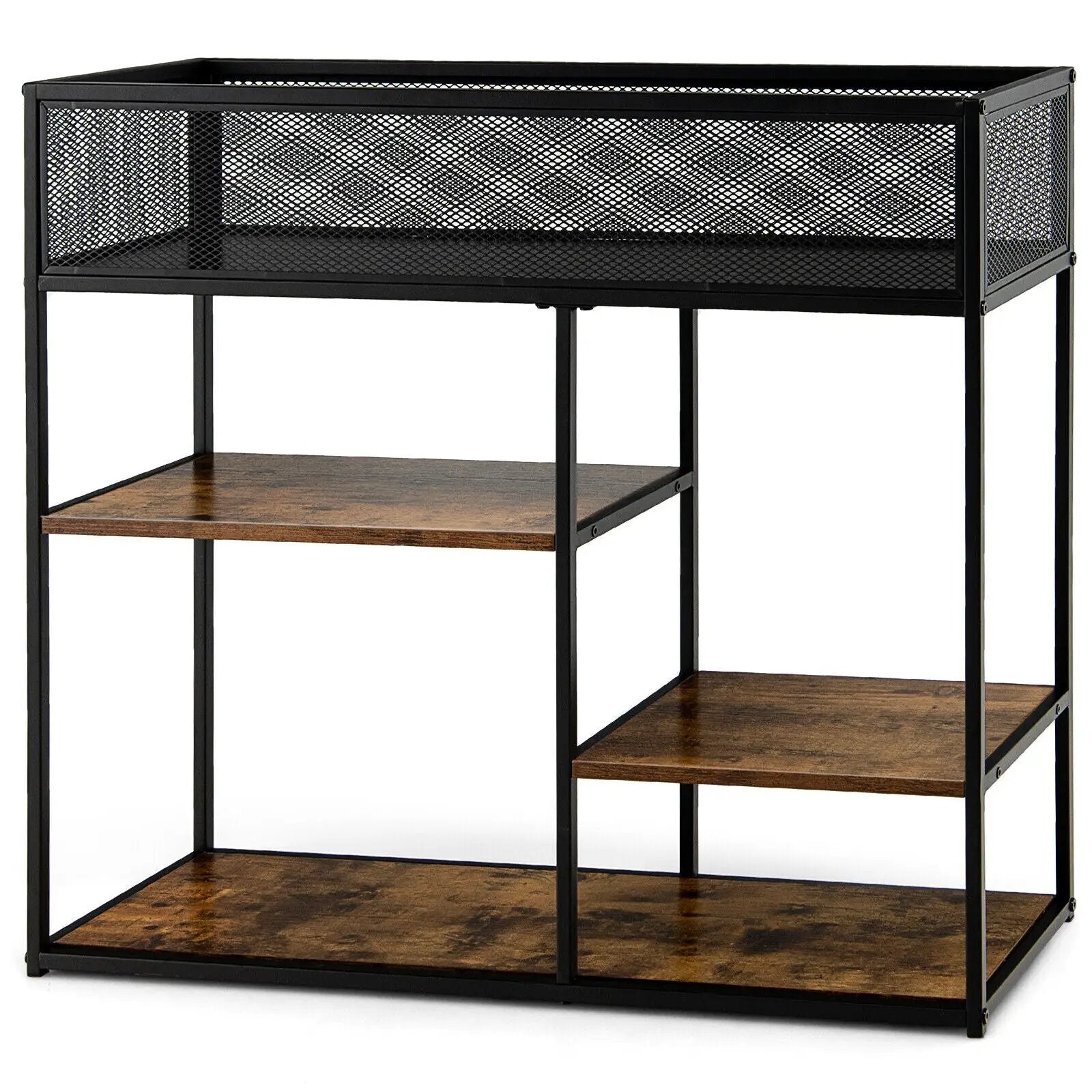 4-Tier Industrial Console Table with Wire Basket and shelf-Rustic Brown by DirectDeals