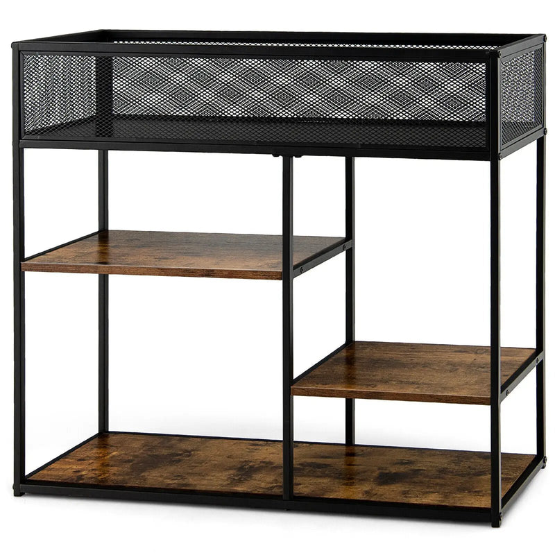 4-Tier Industrial Console Table with Wire Basket and shelf-Rustic Brown by DirectDeals