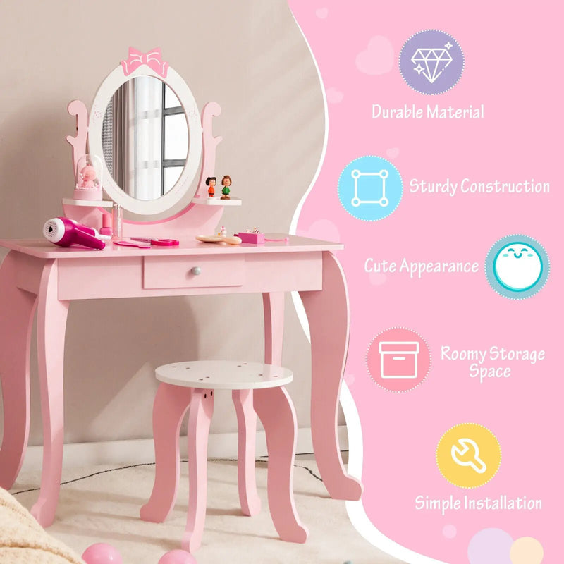 Kid Vanity Table Stool Set with Oval Rotatable Mirror-Pink by DirectDeals