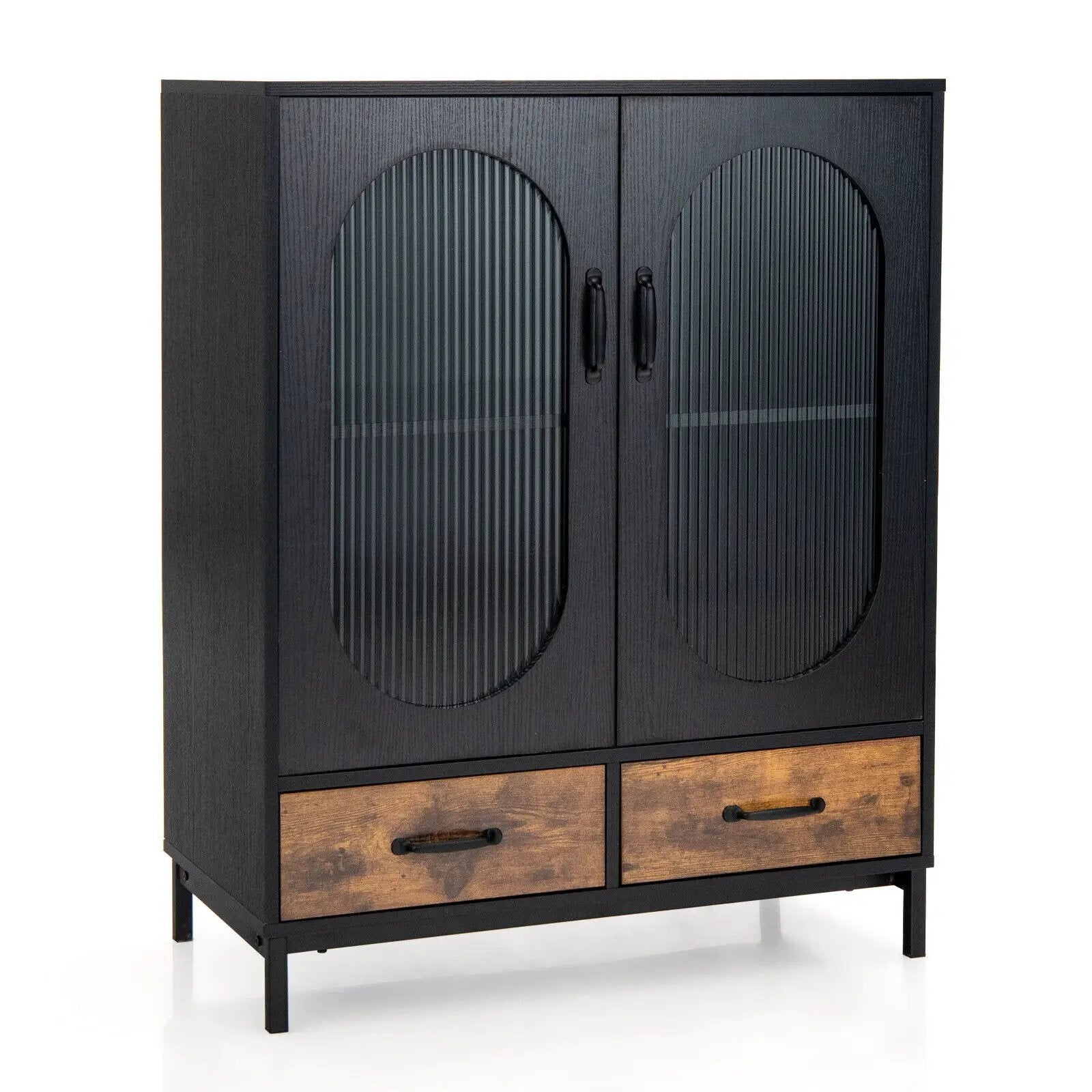 Kitchen Industrial Buffet Sideboard with Tempered Glass Doors-Black by DirectDeals