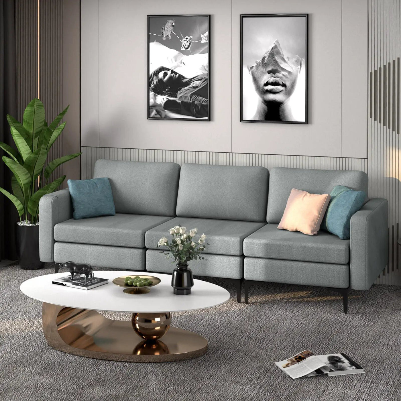 3-Seat Sectional Sofa Couch with Armrest Magazine Pocket and Metal Leg by DirectDeals