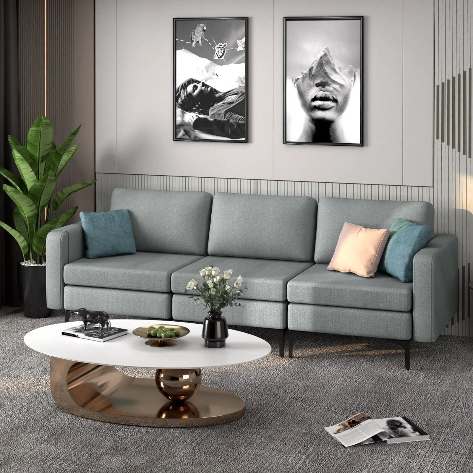 3-Seat Sectional Sofa Couch with Armrest Magazine Pocket and Metal Leg by DirectDeals