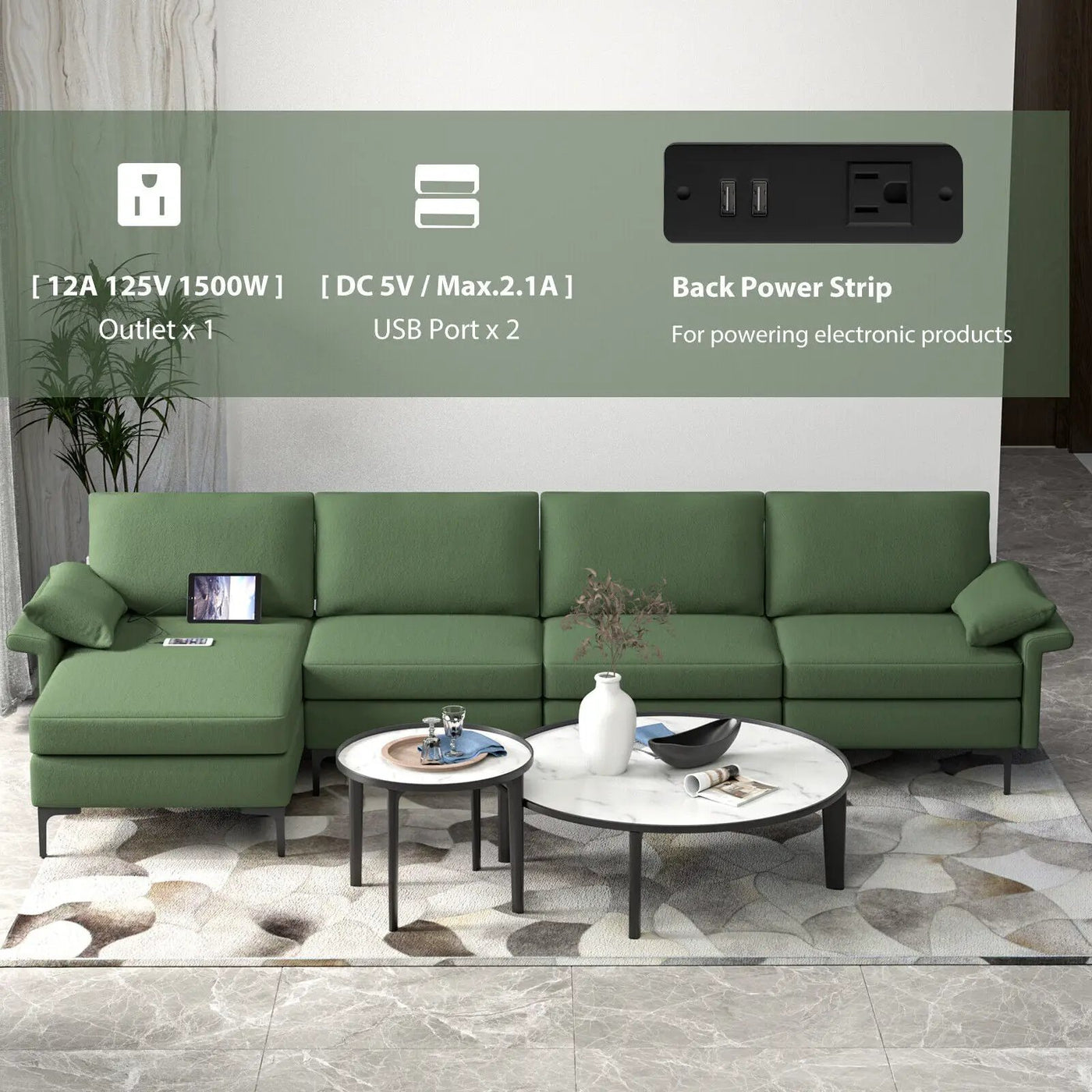Extra Large L-shaped Sectional Sofa with Reversible Chaise and 2 USB Ports for 4-5 People by DirectDeals