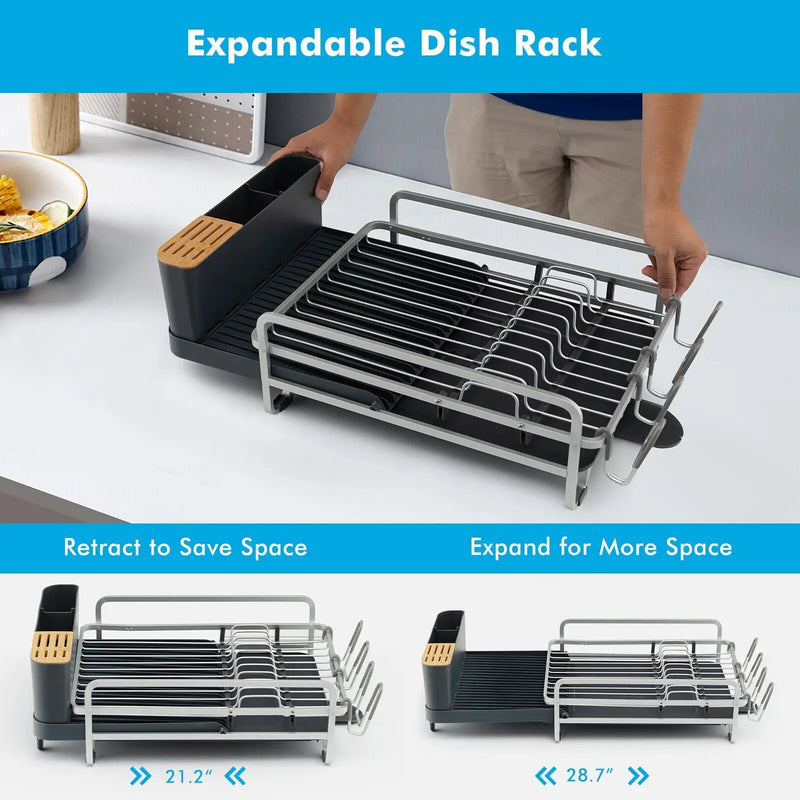 Aluminum Expandable Dish Drying Rack with Drainboard and Rotatable Drainage Spout by DirectDeals