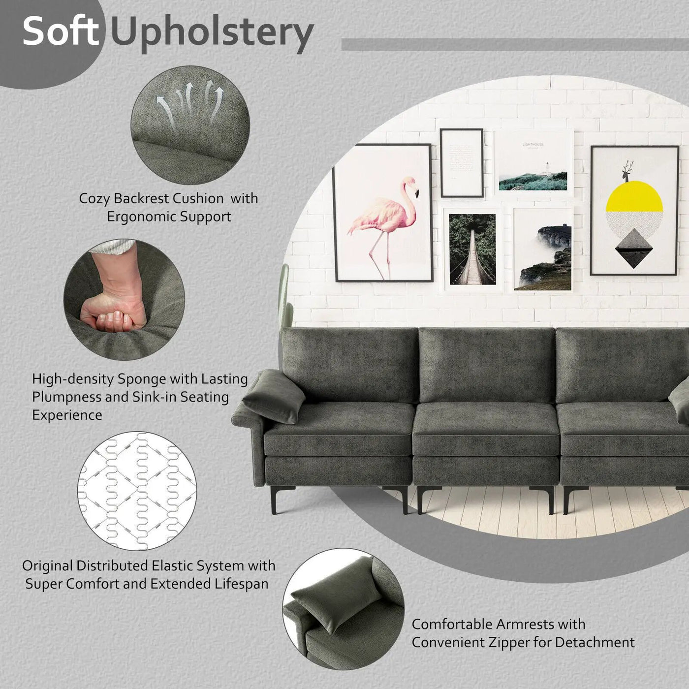 Large 3-Seat Sofa Sectional with Metal Legs for 3-4 people by DirectDeals