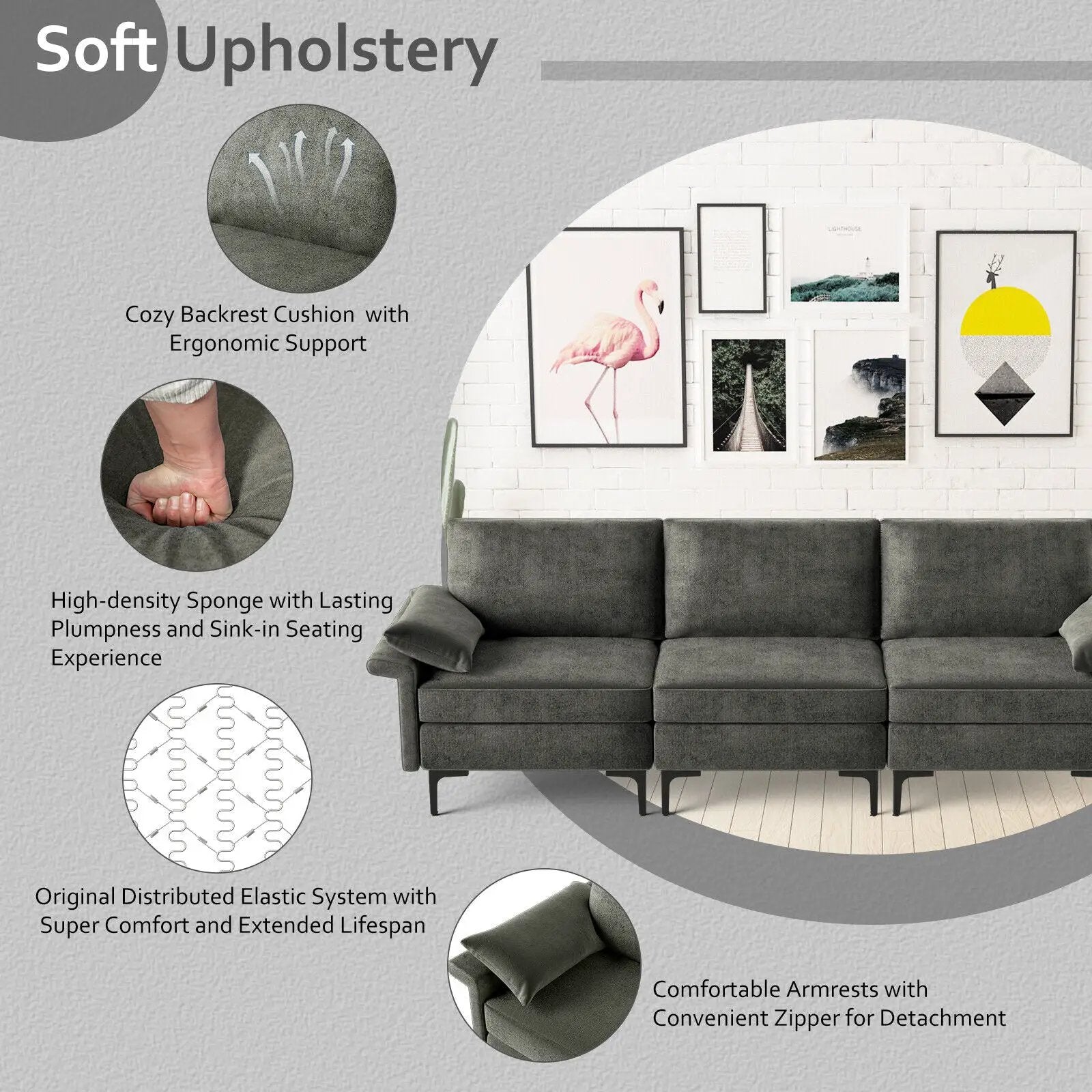 Large 3-Seat Sofa Sectional with Metal Legs for 3-4 people by DirectDeals