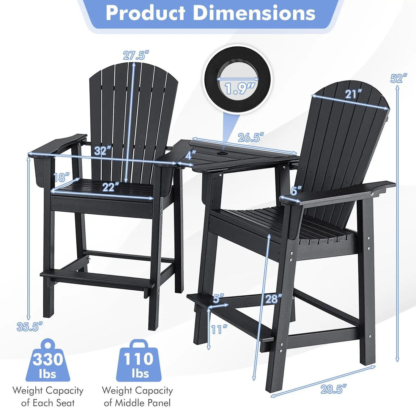 2 Pieces HDPE Tall Adirondack Chair with Middle Connecting Tray by DirectDeals