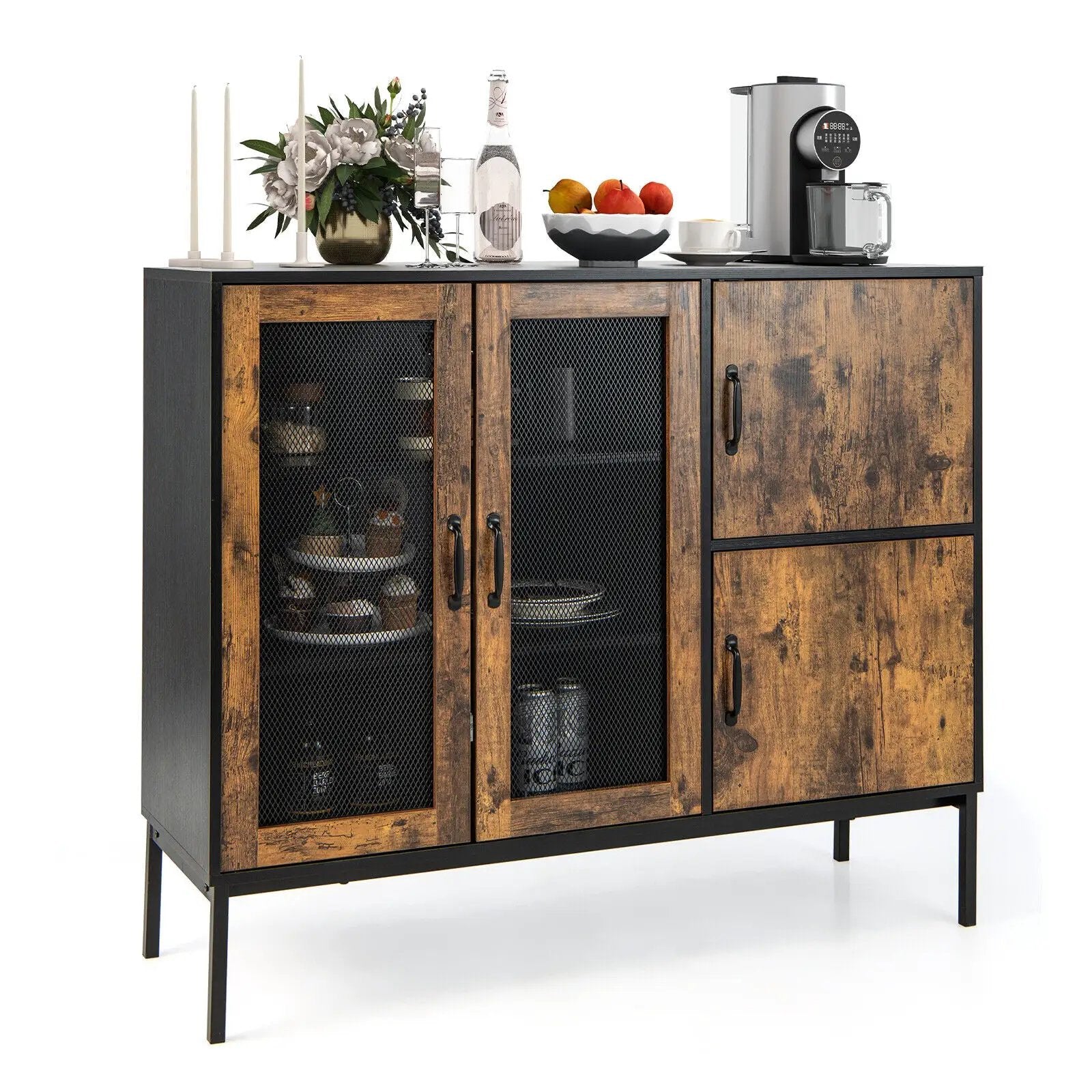 48 Inch Industrial Kitchen Buffet Sideboard with Metal Mesh Doors and Anti-toppling Device-Brown by DirectDeals