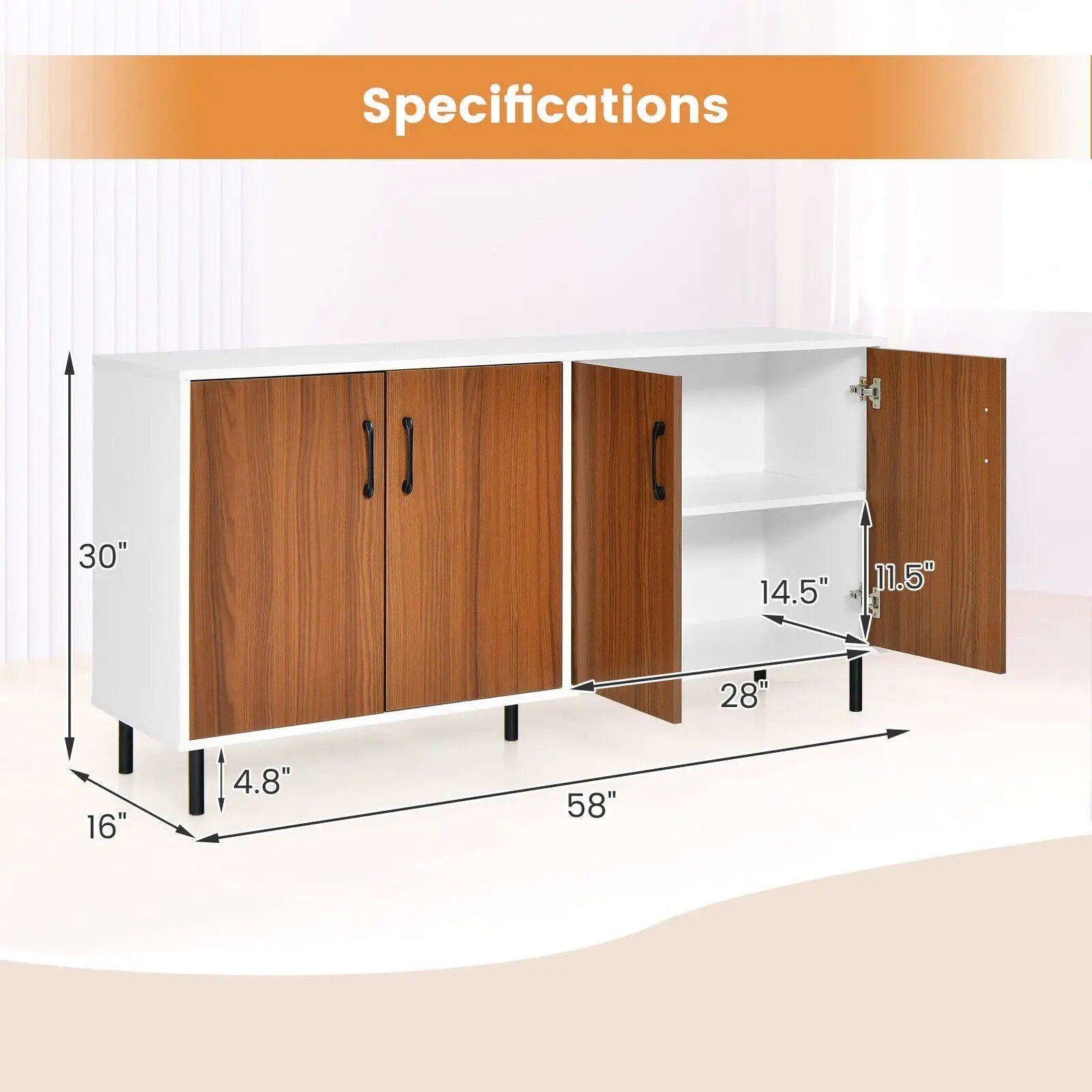 4-Door Kitchen Buffet Sideboard for Dining Room and Kitchen-White by DirectDeals
