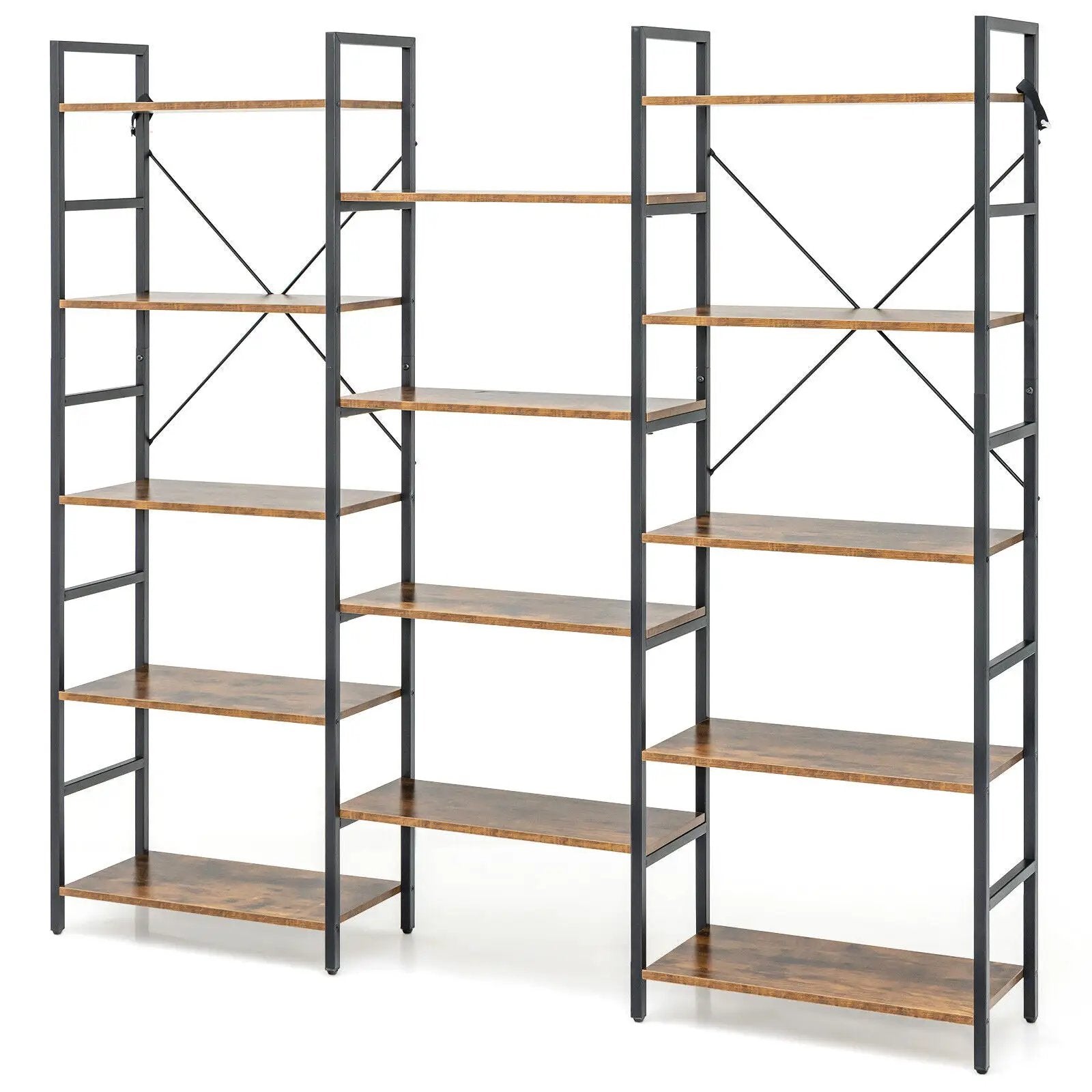 Large Triple Wide Floor Standing Bookcase Display Shelf with Metal Frame-Rustic Brown by DirectDeals