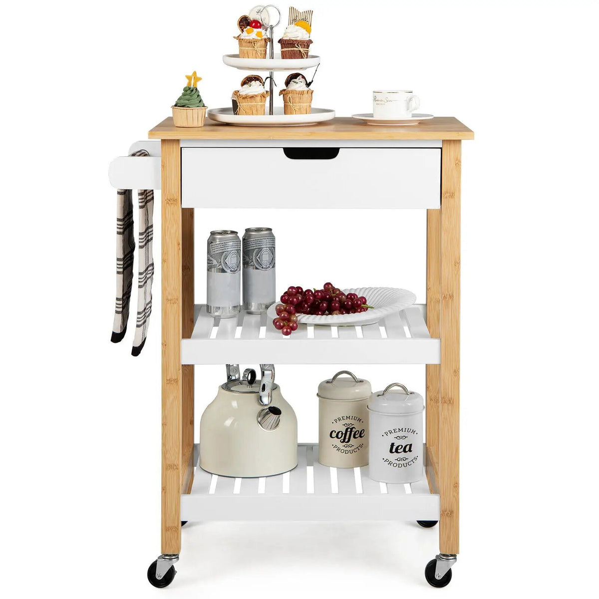 3-Tier Kitchen Island Cart Rolling Service Trolley with Bamboo Top by DirectDeals