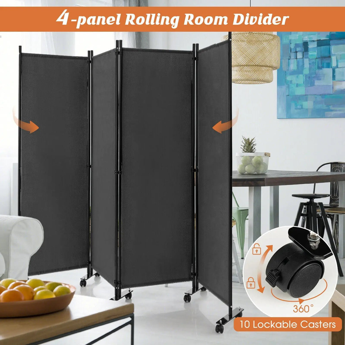 4-Panel Folding Room Divider 6 Feet Rolling Privacy Screen with Lockable Wheels by DirectDeals