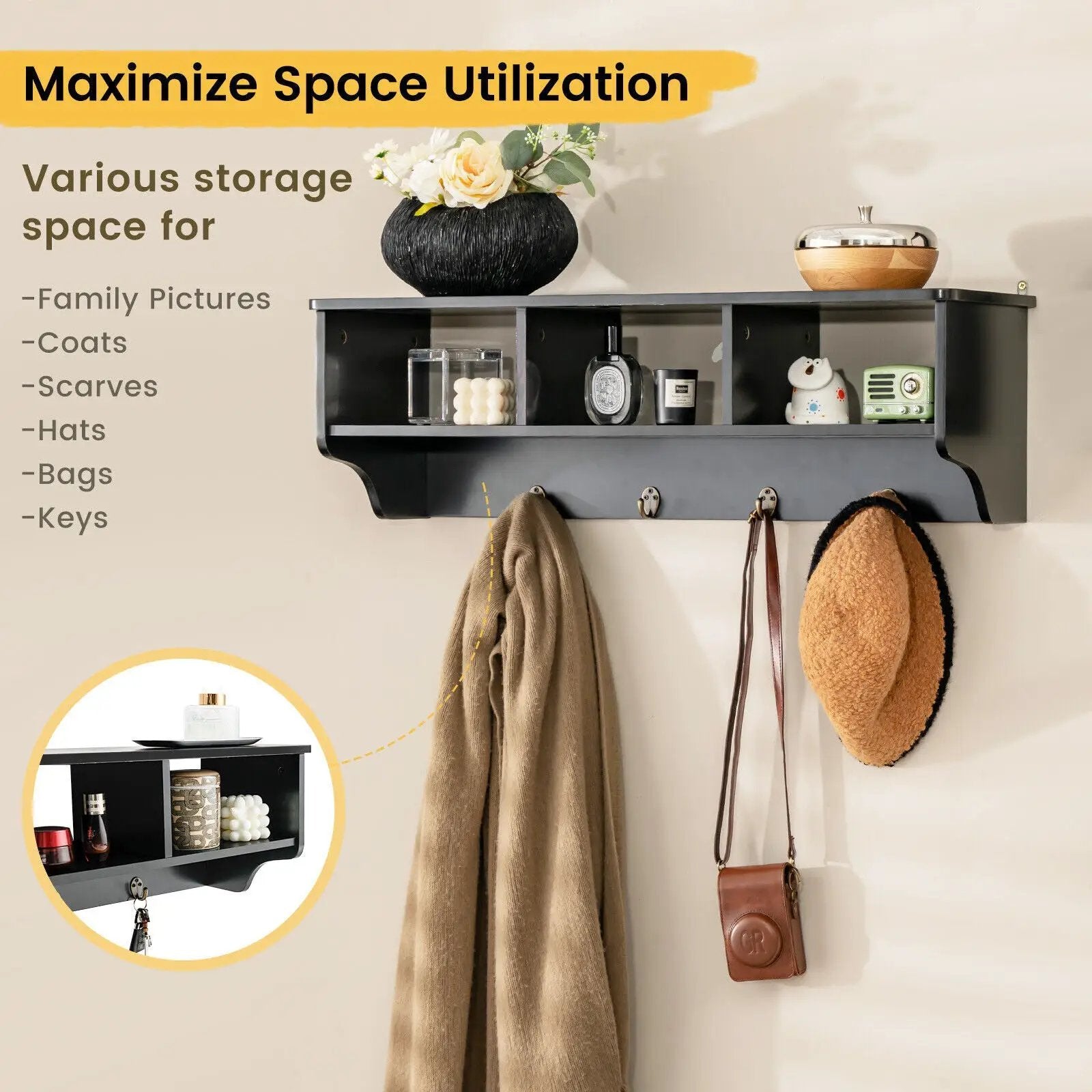 Wall Mount Cubby Organizer Hooks Entryway Storage Shelf by DirectDeals