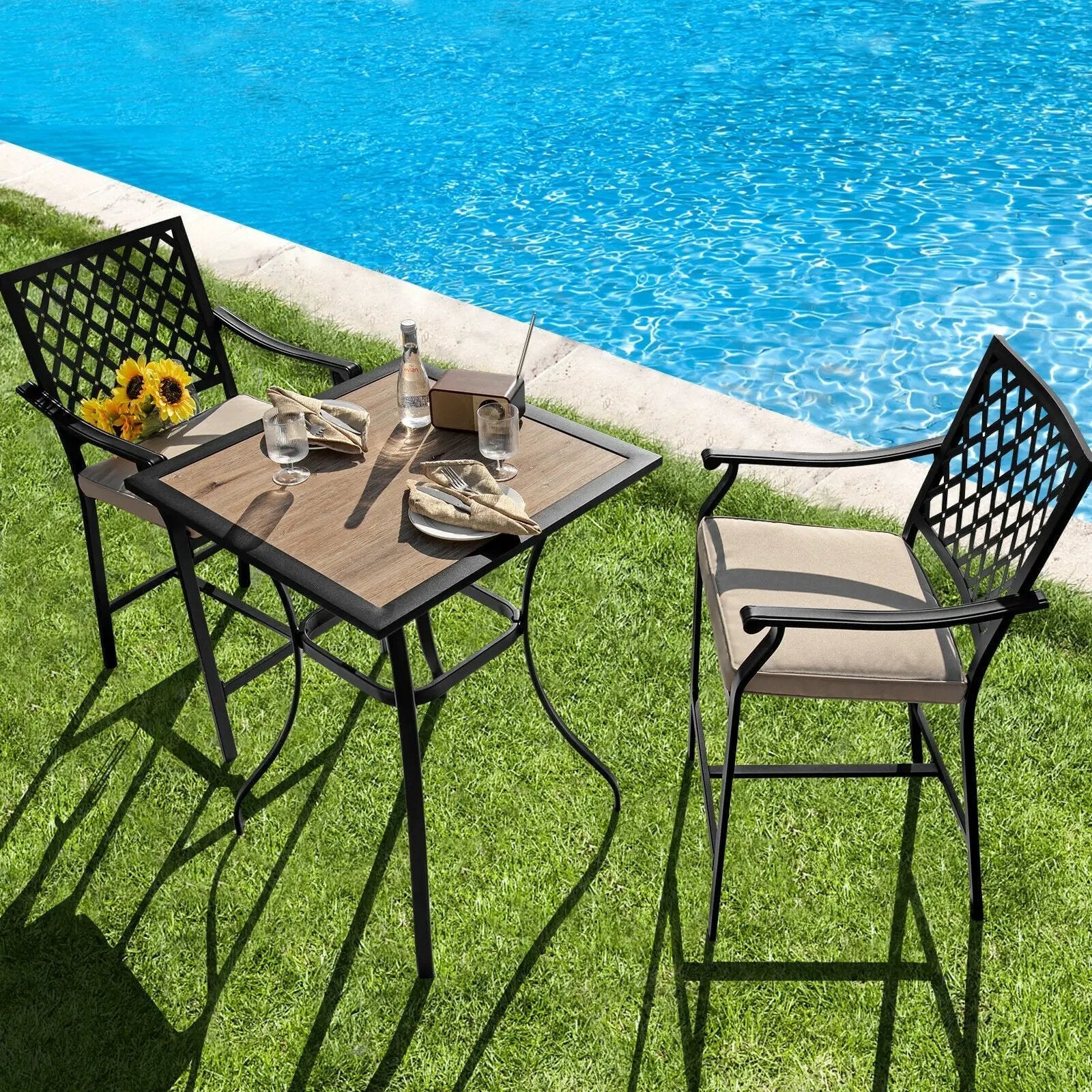 3 Pieces Patio Bar Set with 2 Bar Stools and 1 Square Table by DirectDeals