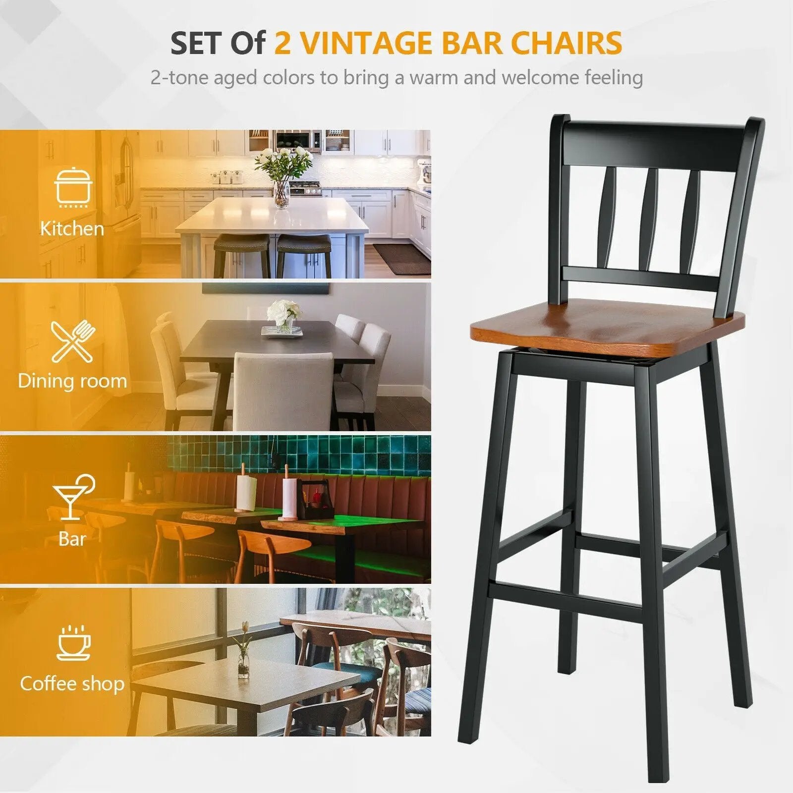 30.5 Inches Set of 2 Swivel Bar Stools with 360¬∞ Swiveling by DirectDeals