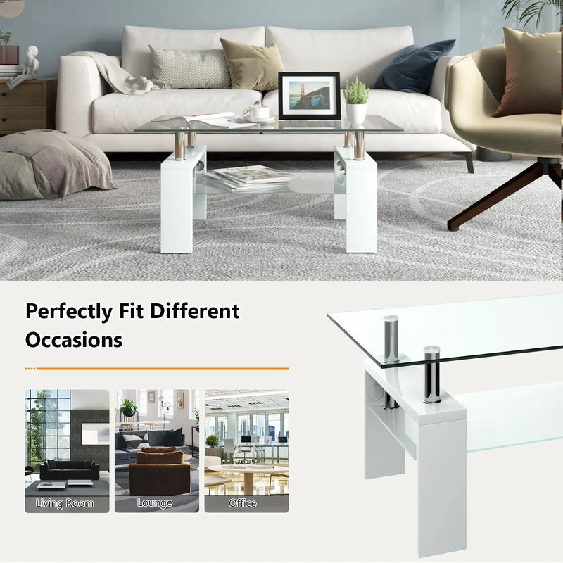 Rectangular Tempered Glass Coffee Table with Shelf by DirectDeals